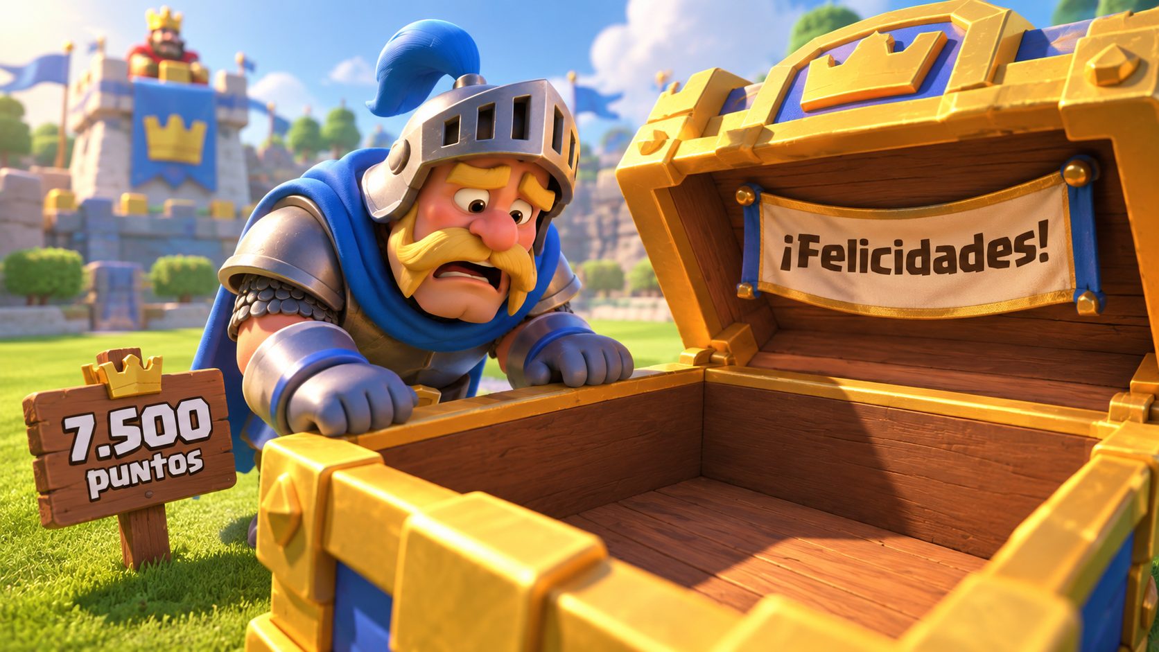 El Caballero de Clash Royale ante un cofre dorado vacío con el cartel «¡Felicidades!»