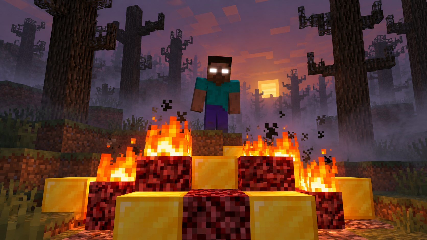 Herobrine, el minero de ojos blancos de Minecraft, junto a un altar de oro y netherrack en llamas