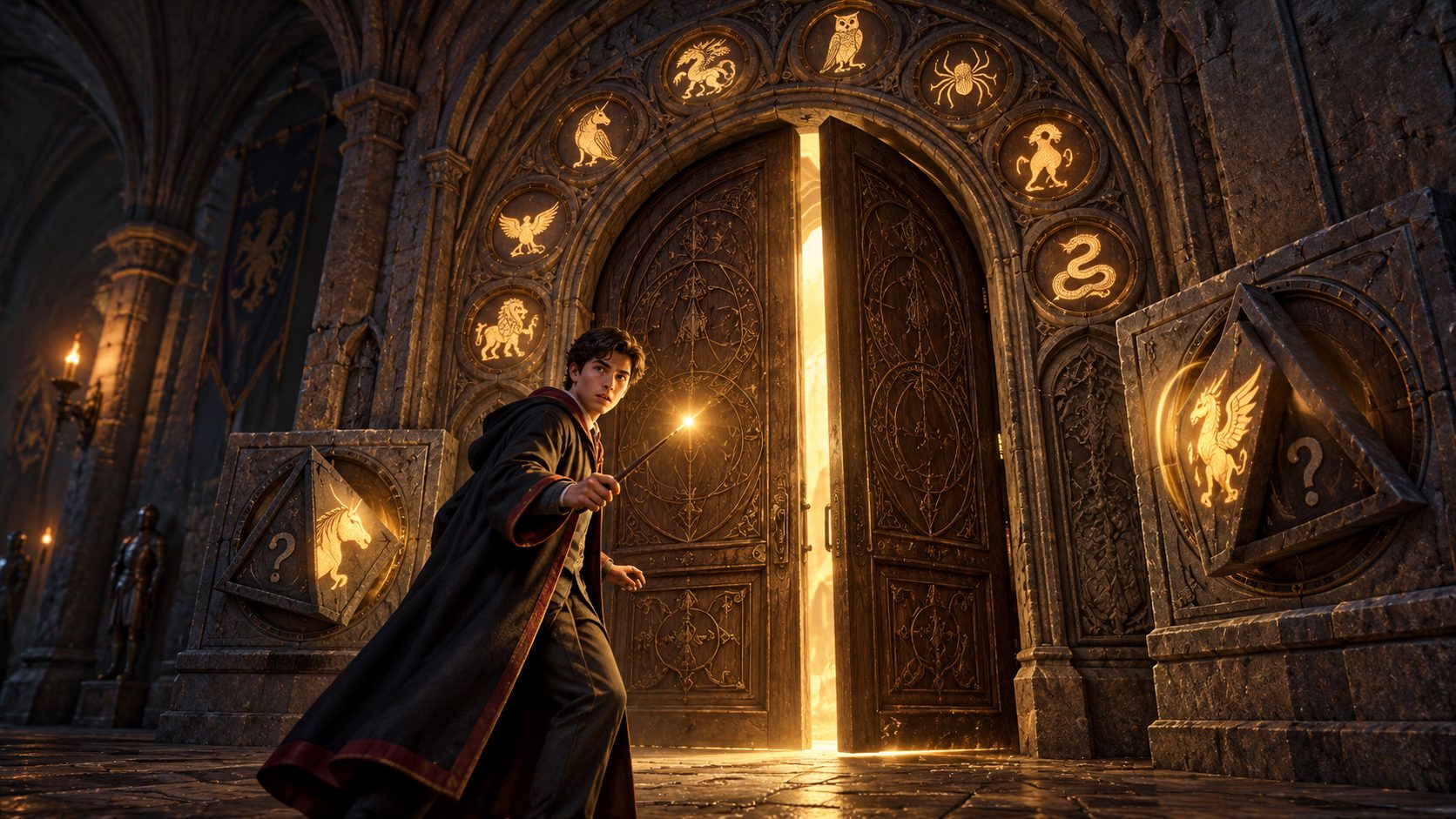 Puerta de aritmancia de Hogwarts Legacy rodeada de escudos de animales mágicos y abriéndose