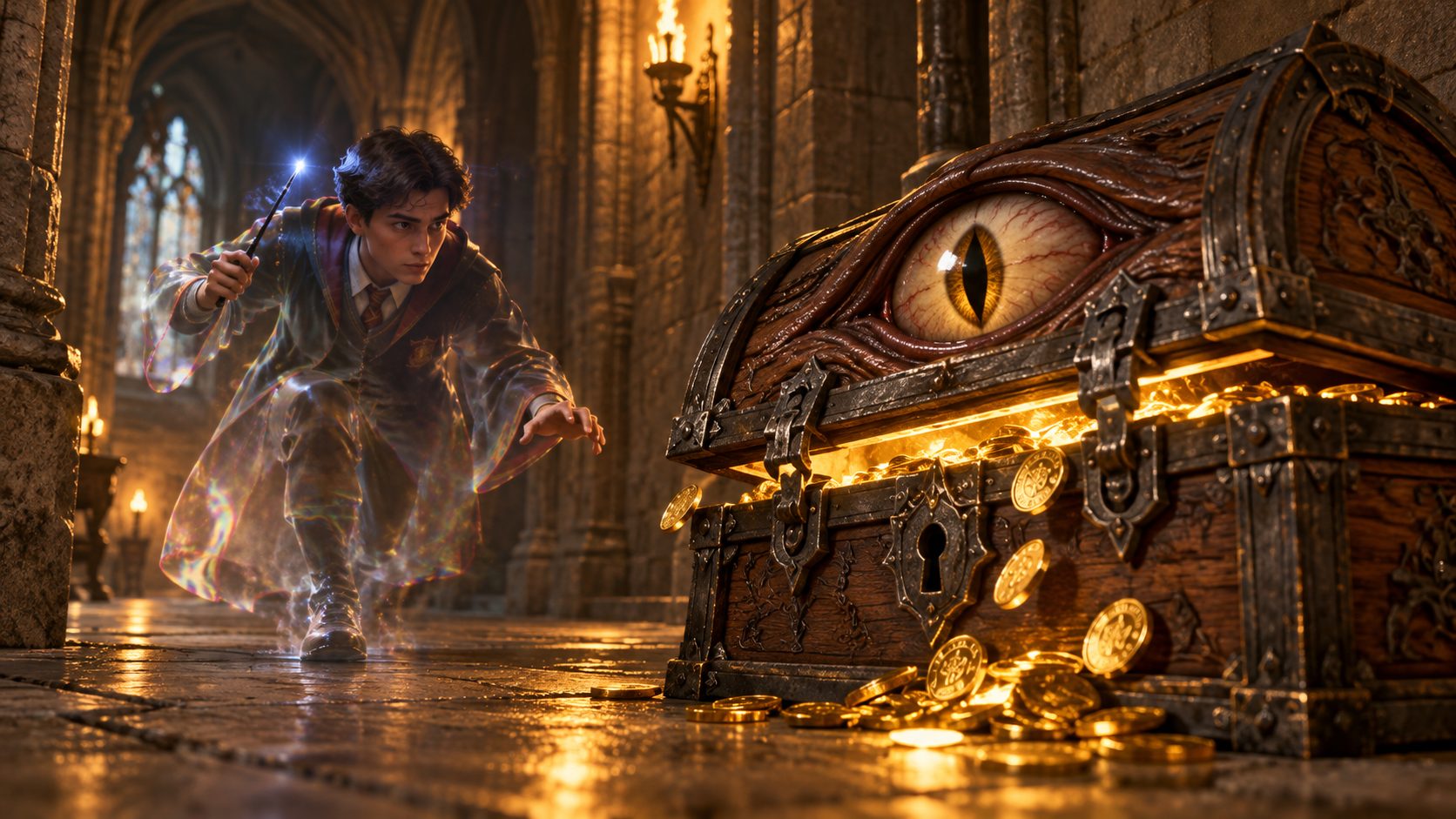 Un alumno de Hogwarts medio invisible se acerca a un cofre con un ojo enorme en Hogwarts Legacy