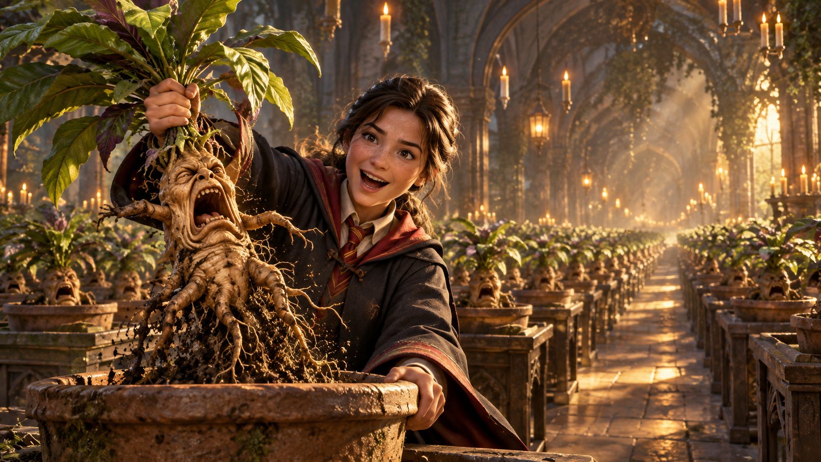 Una alumna de Hogwarts Legacy saca una mandrágora de una mesa de cultivo en la Sala de los Menesteres