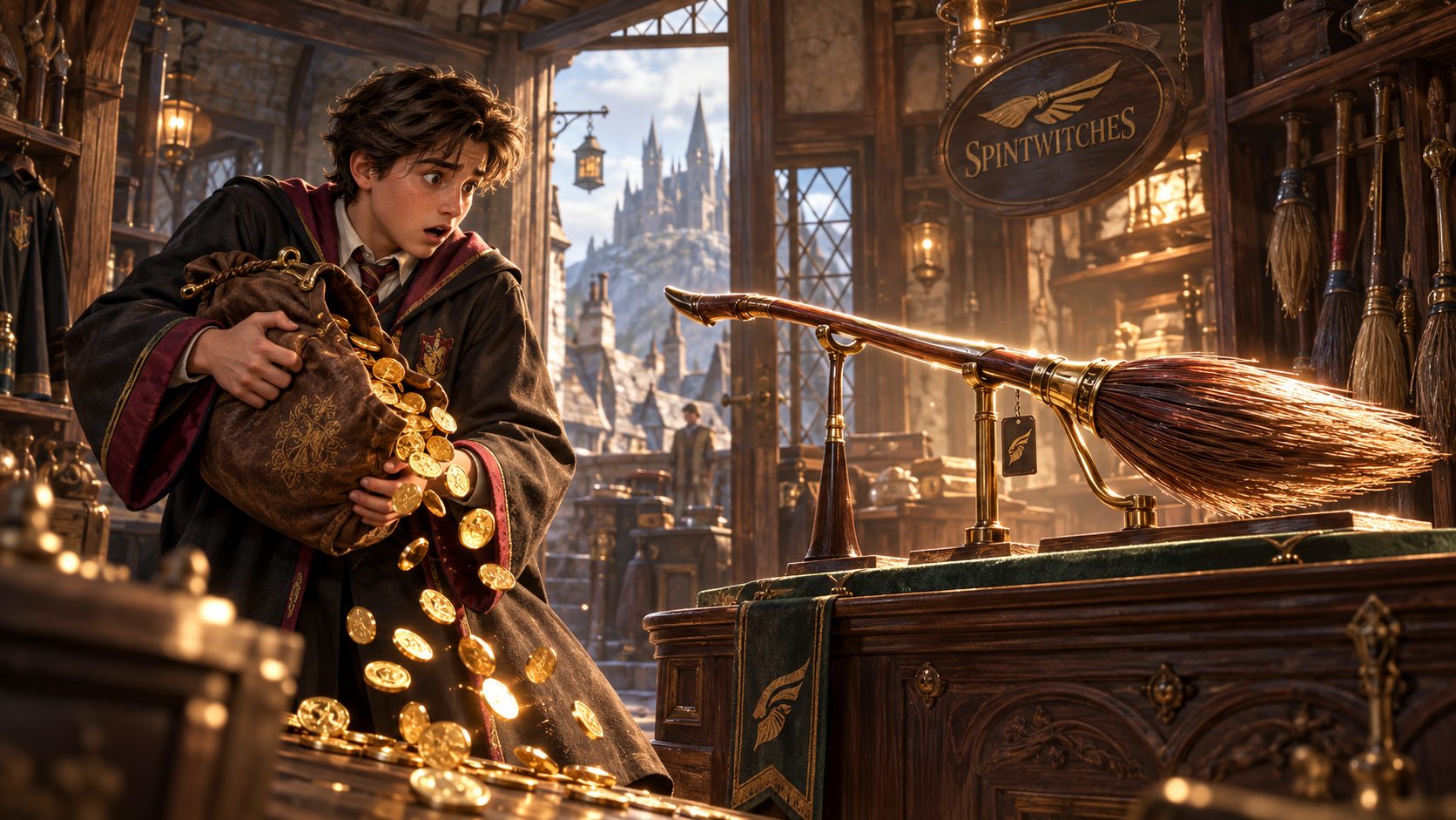 Estudiante de Hogwarts Legacy en la tienda Spintwitches frente a una escoba con una bolsa de galeones