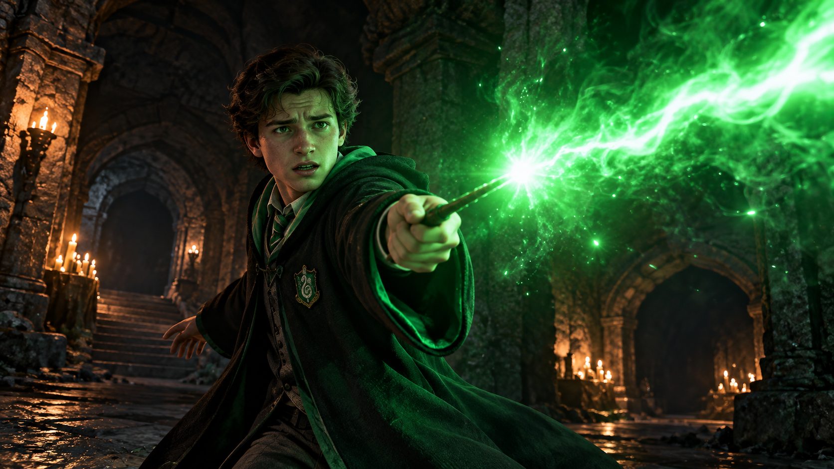 Alumno de Slytherin con la varita iluminada de verde en una catacumba de Hogwarts Legacy