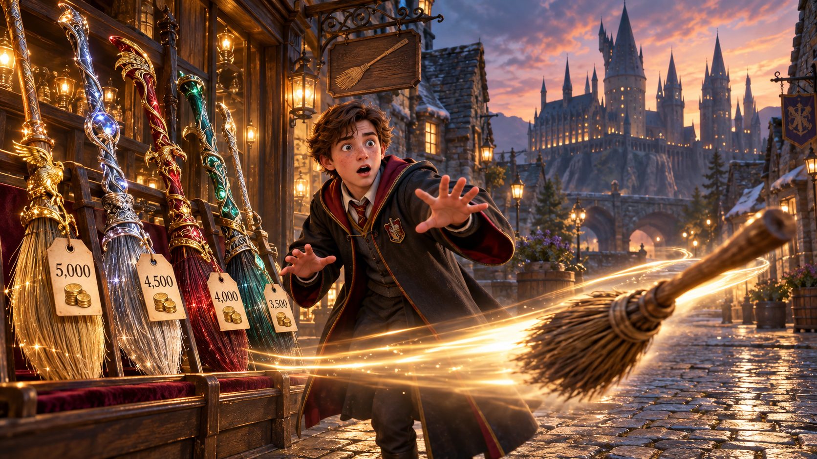 Estudiante de Hogwarts Legacy ante escobas caras en Hogsmeade