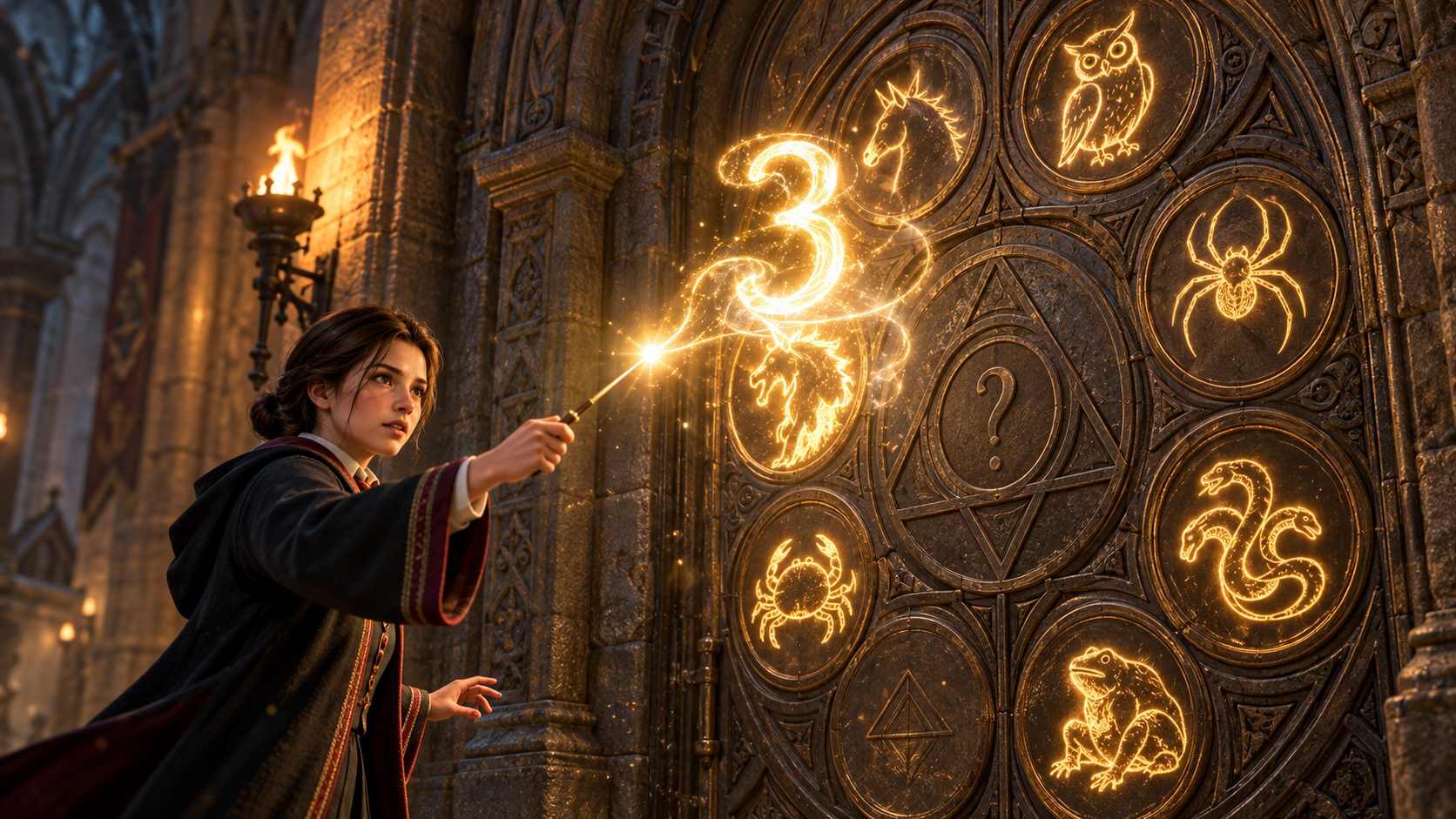 Estudiante ante una puerta de aritmancia con símbolos brillantes en Hogwarts Legacy