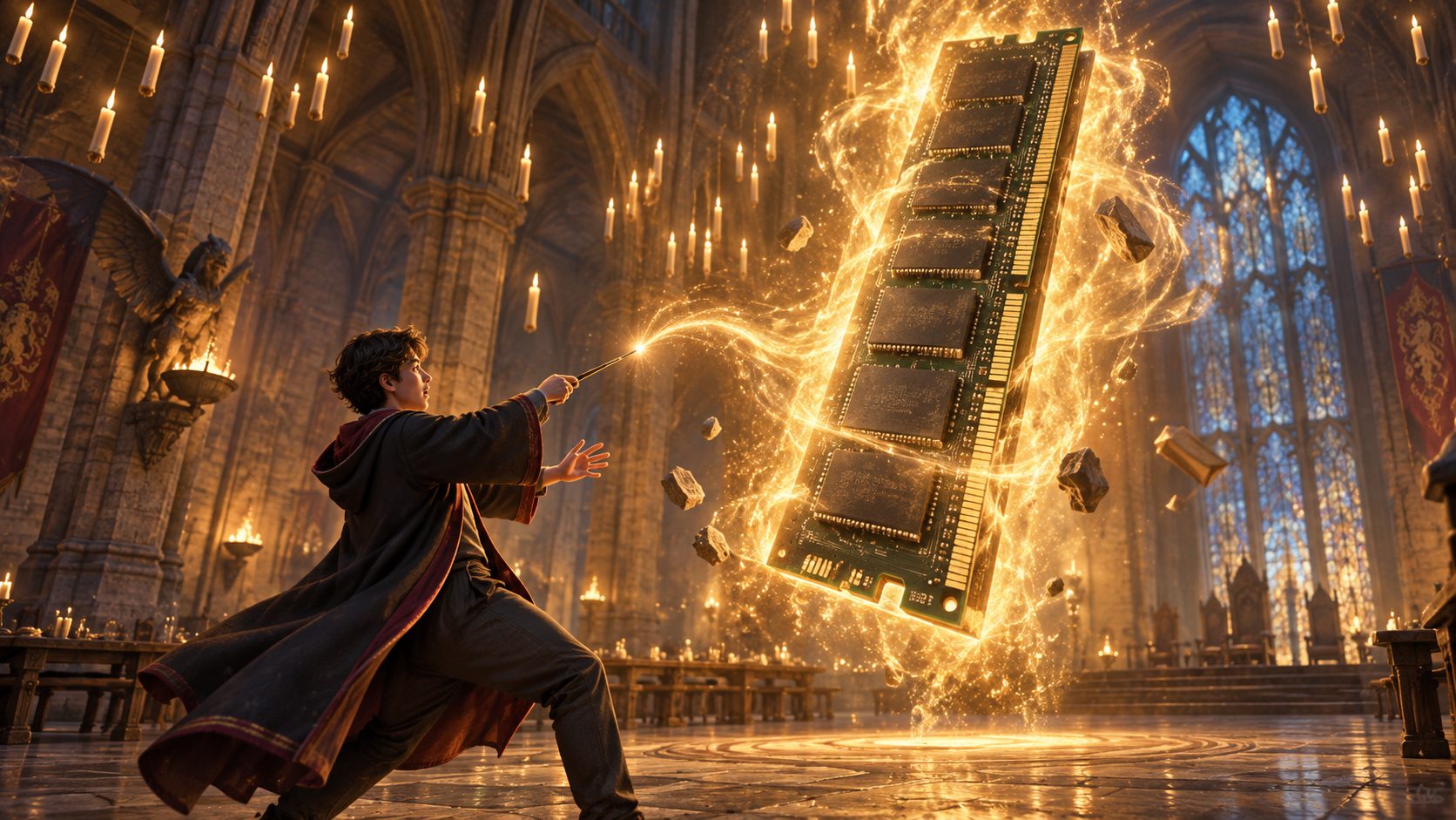 Estudiante de Hogwarts Legacy levitando un módulo de memoria RAM gigante en el castillo