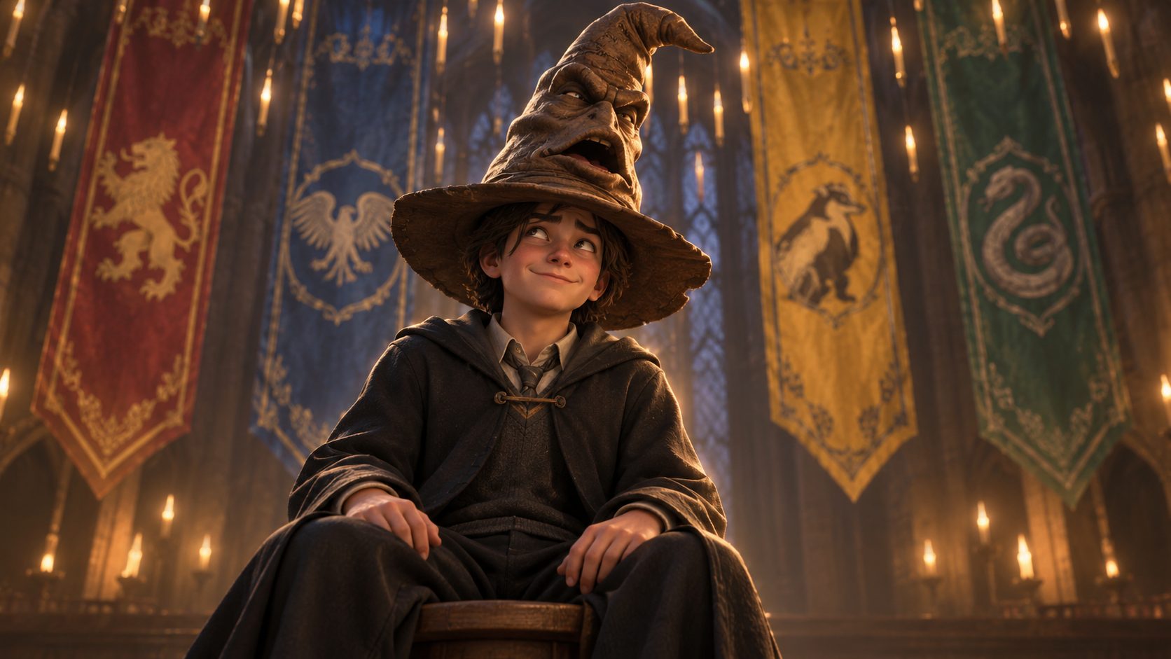 Alumno con el Sombrero Seleccionador en el Gran Comedor de Hogwarts Legacy con los estandartes de las cuatro casas