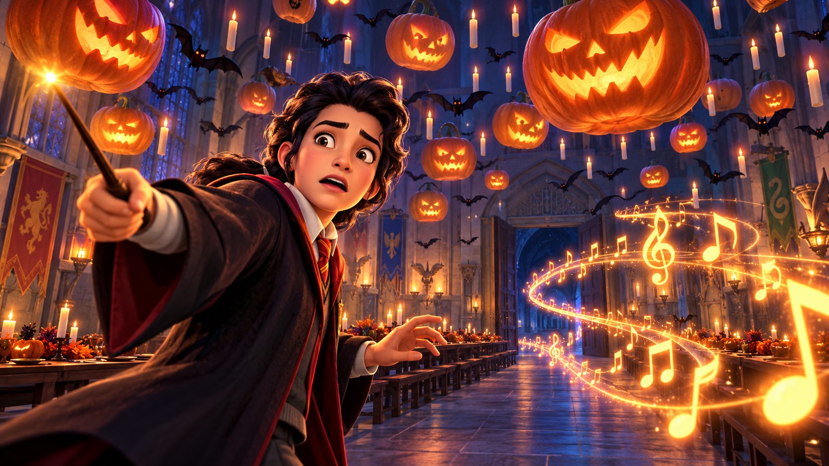 Gran Comedor de Hogwarts Mystery decorado con calabazas de Halloween