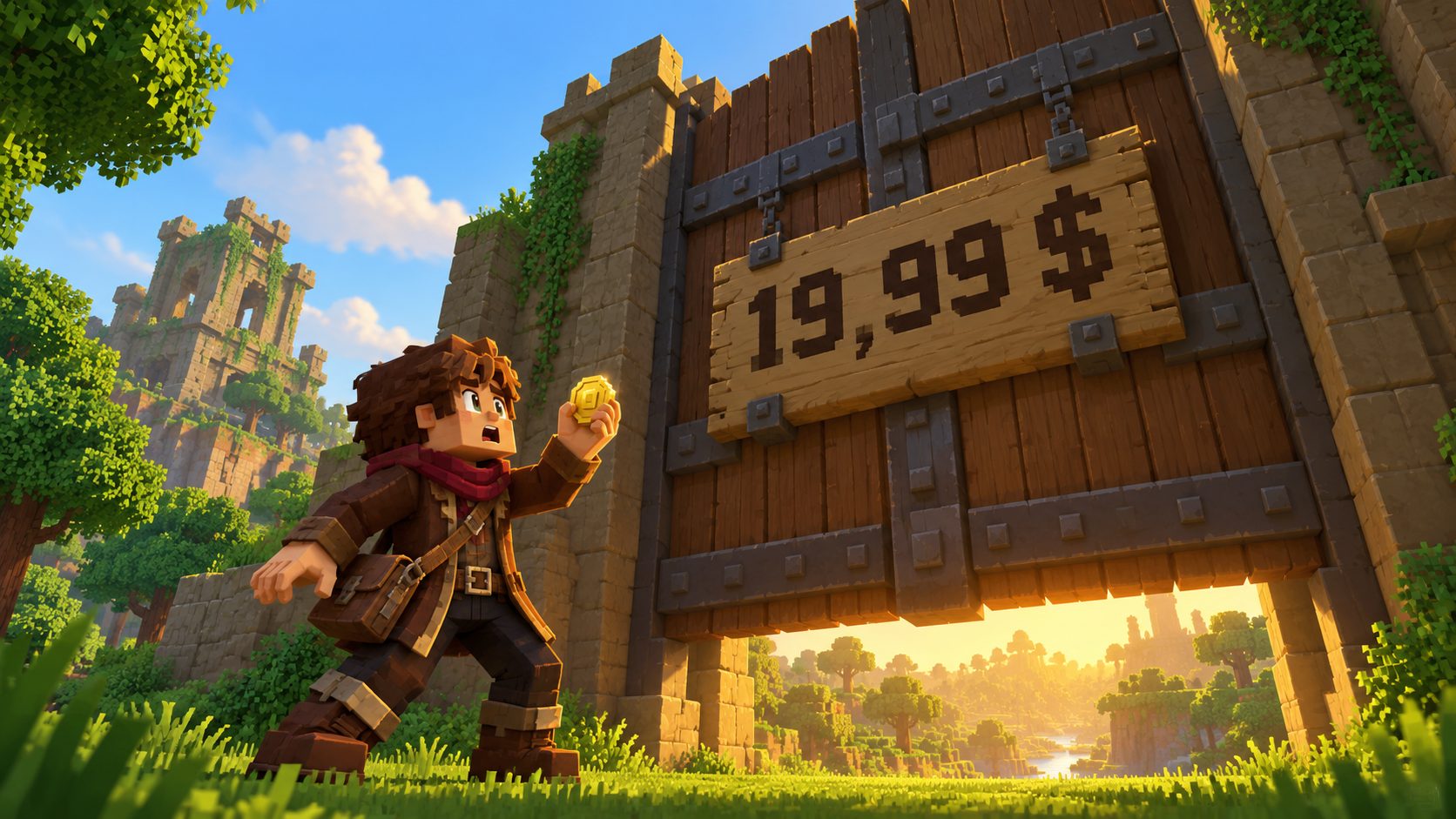 Un avatar de Hytale levanta una moneda frente a una puerta gigante del juego con un cartel de 19,99 dólares