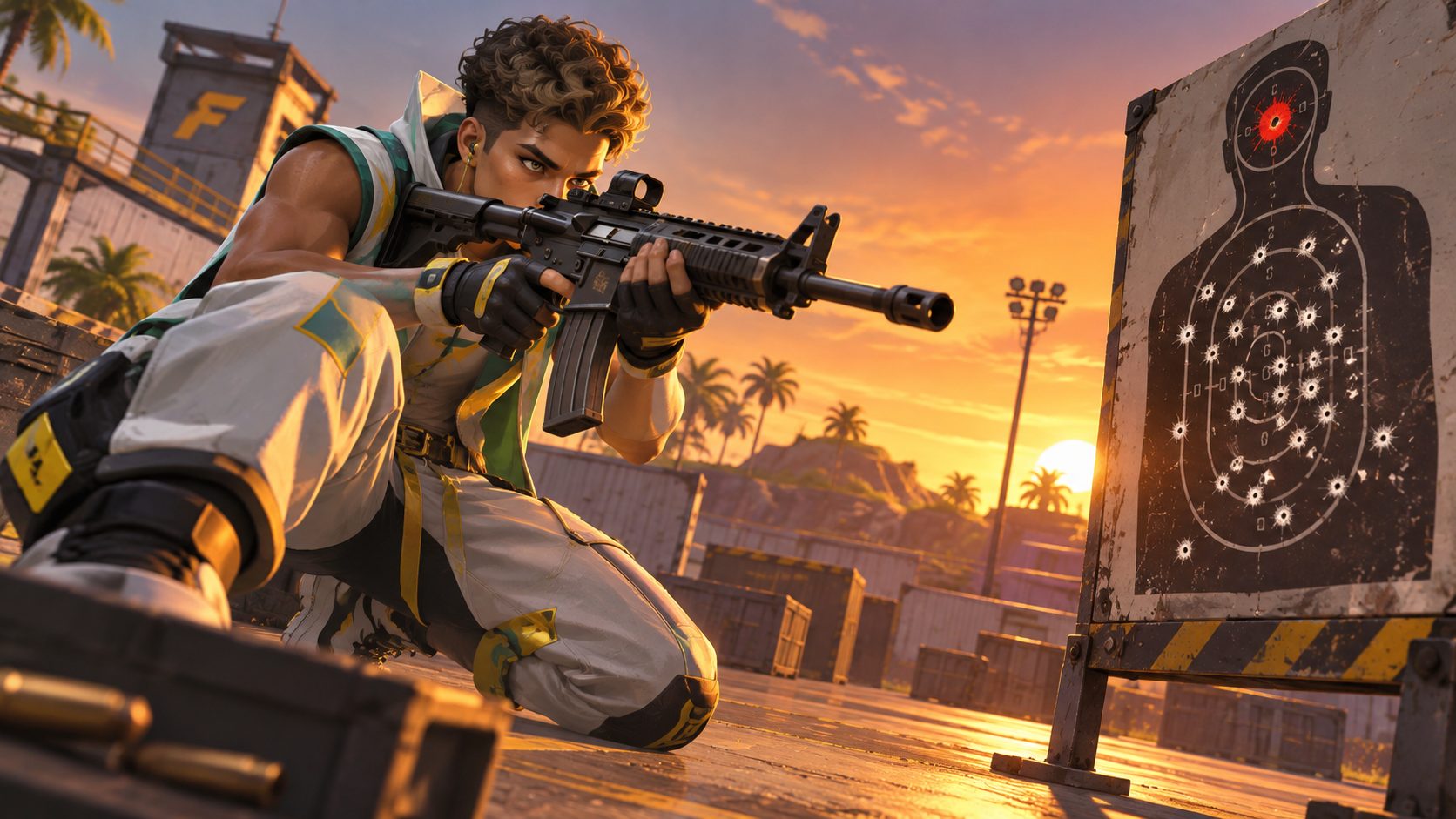 Jugador de Free Fire apuntando a una diana con un solo impacto rojo entre muchos blancos