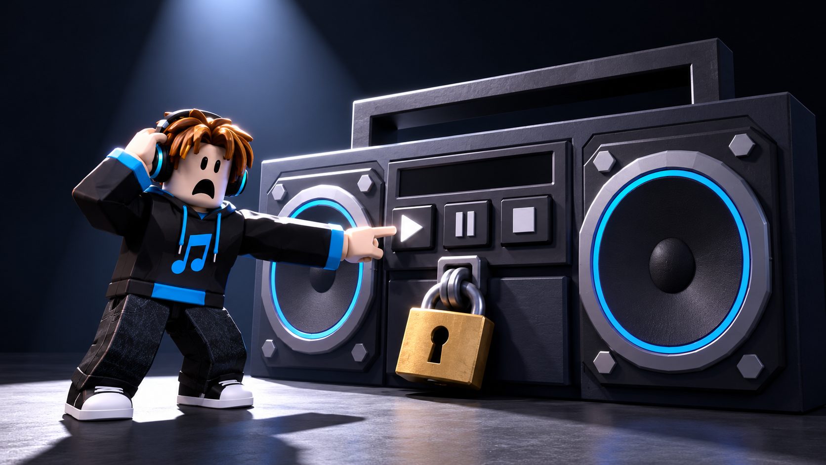 Avatar de Roblox ante un altavoz con candado que no suena