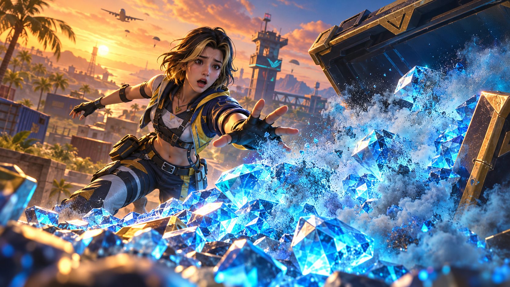 Jugador de Free Fire sorprendido ante un cofre de diamantes que se deshace en polvo