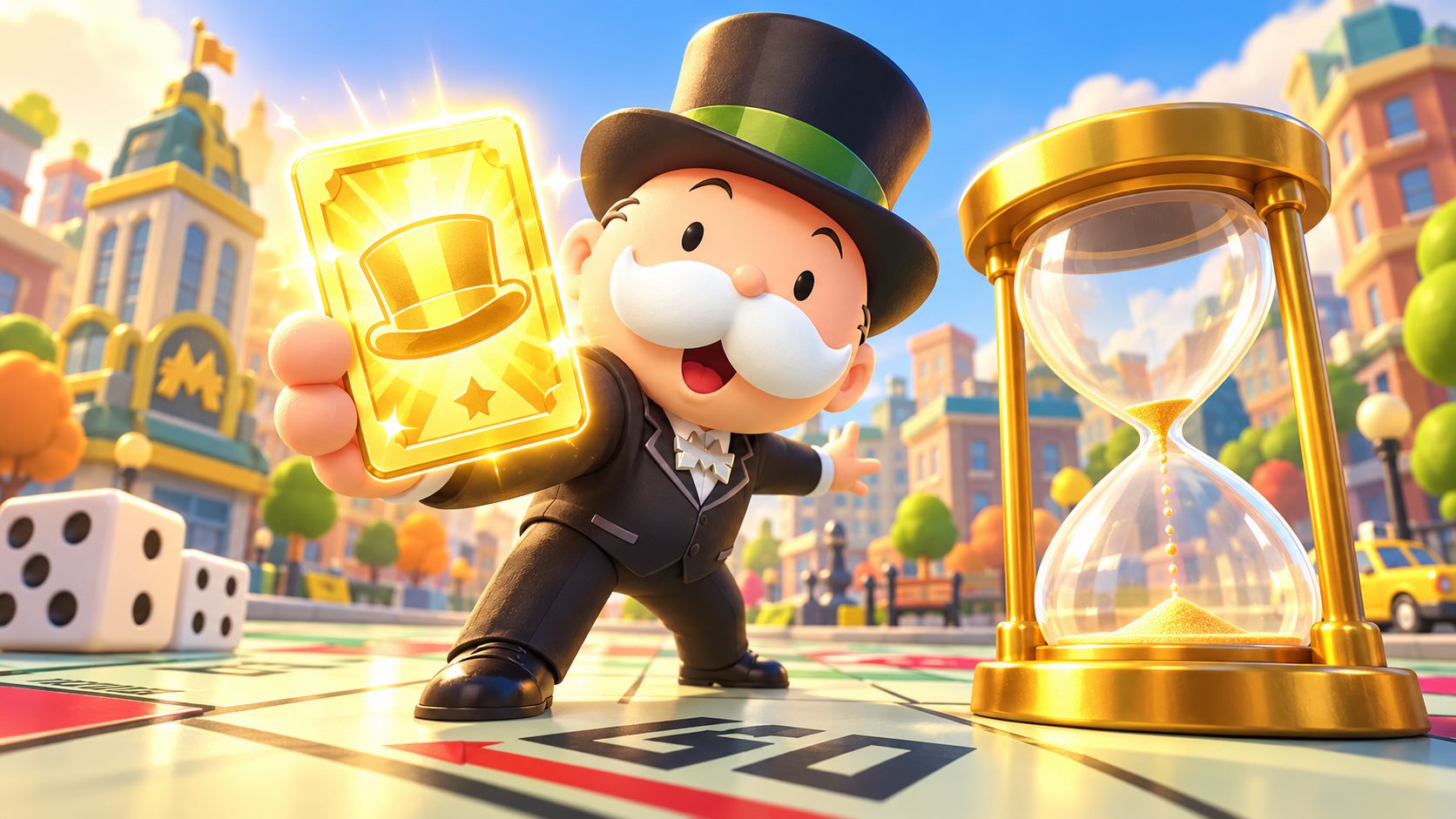 Mr. Monopoly sostiene una carta dorada junto a un reloj de arena casi vacío