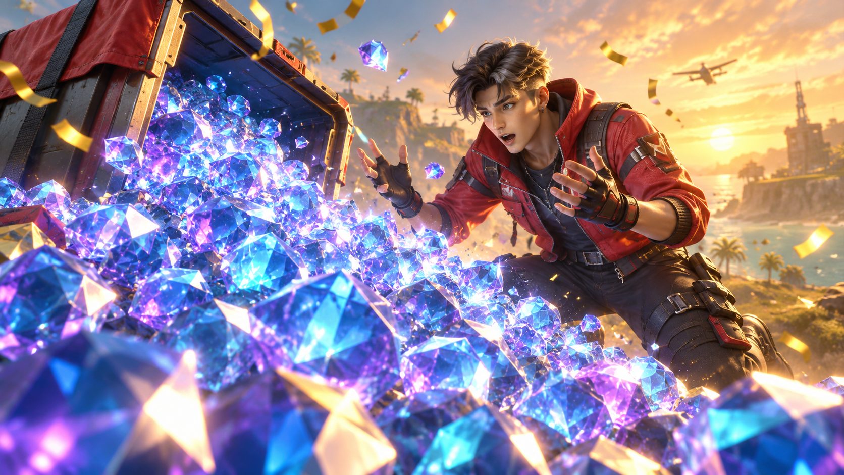 Superviviente de Free Fire ante una montaña de diamantes que salen de una caja de suministros
