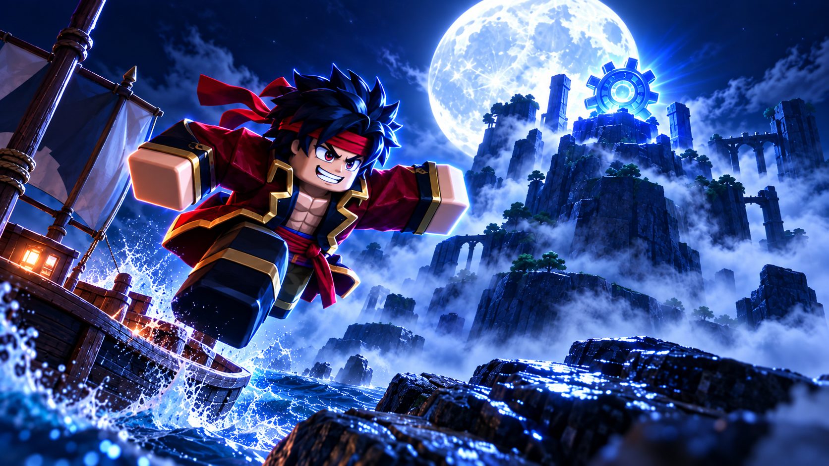 Isla Mirage de Blox Fruits de noche con el Blue Gear en la cima