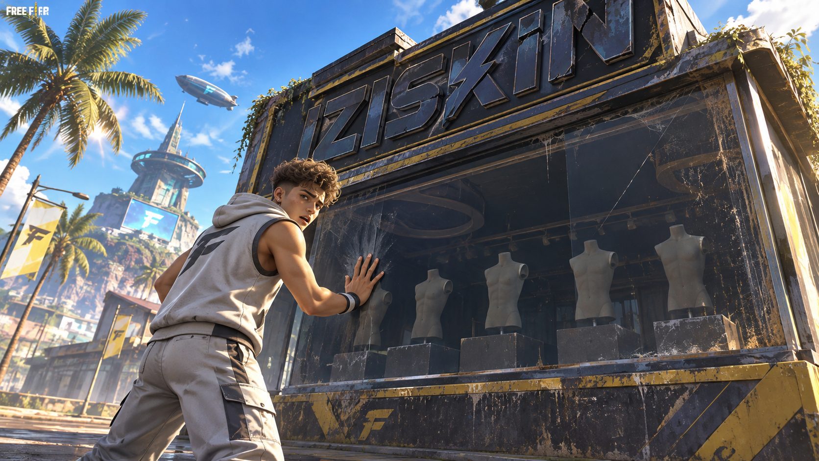 Un superviviente de Free Fire con ropa básica, decepcionado ante una tienda de skins abandonada con el cartel de Iziskin apagado y los maniquíes vacíos