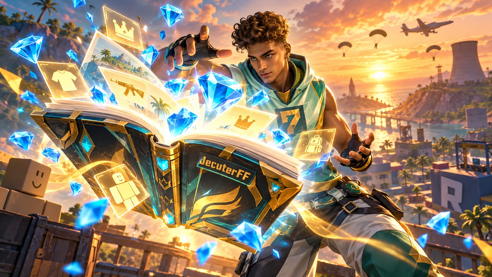 Superviviente de Free Fire frente a un enorme libro de trucos del que salen diamantes