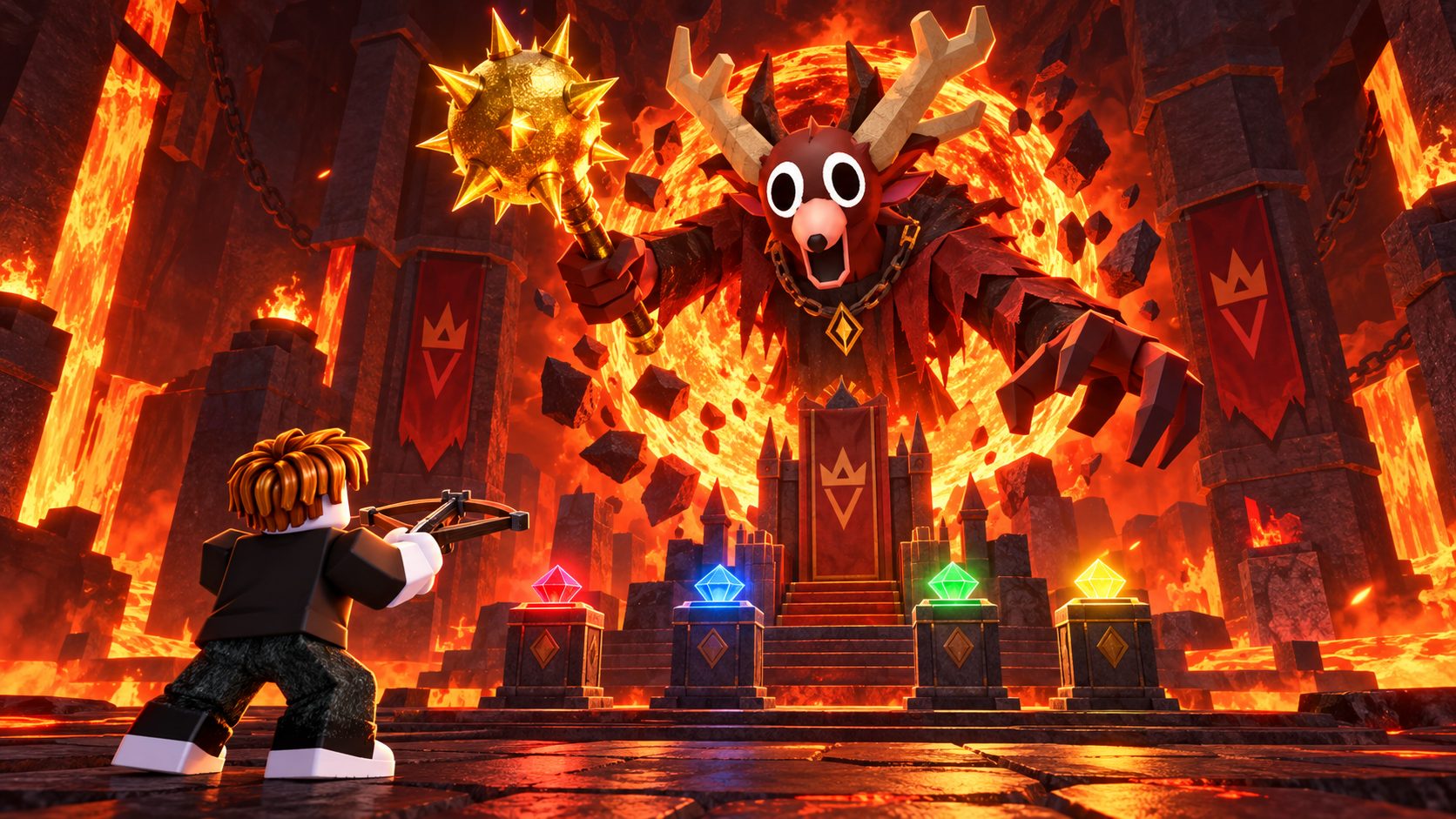 El Rey Cultista de 99 Noches en el Bosque sale de una esfera de fuego frente a un jugador de Roblox