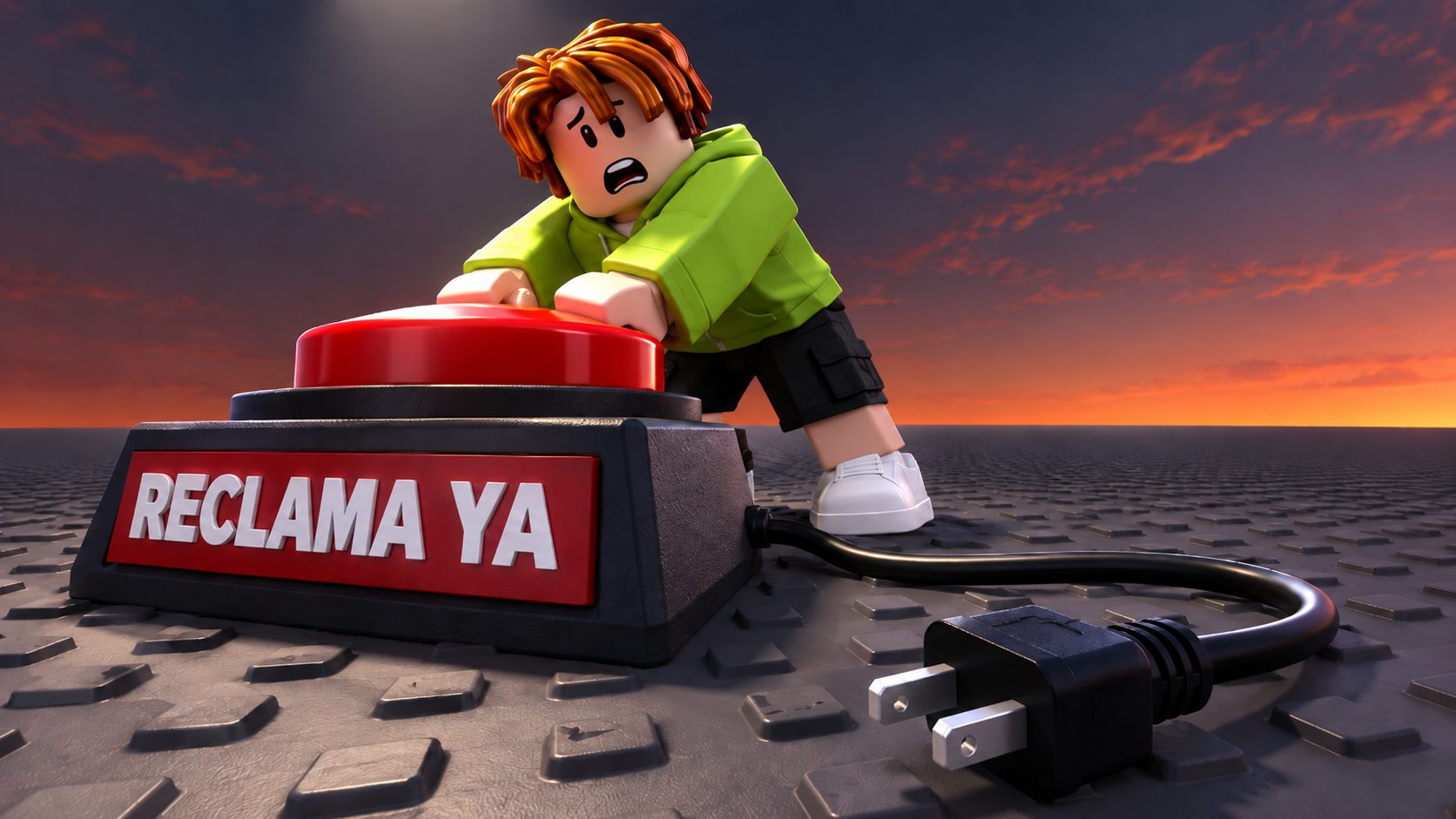 Un avatar de Roblox aprieta un botón rojo gigante que pone RECLAMA YA mientras su cable está desenchufado en el suelo