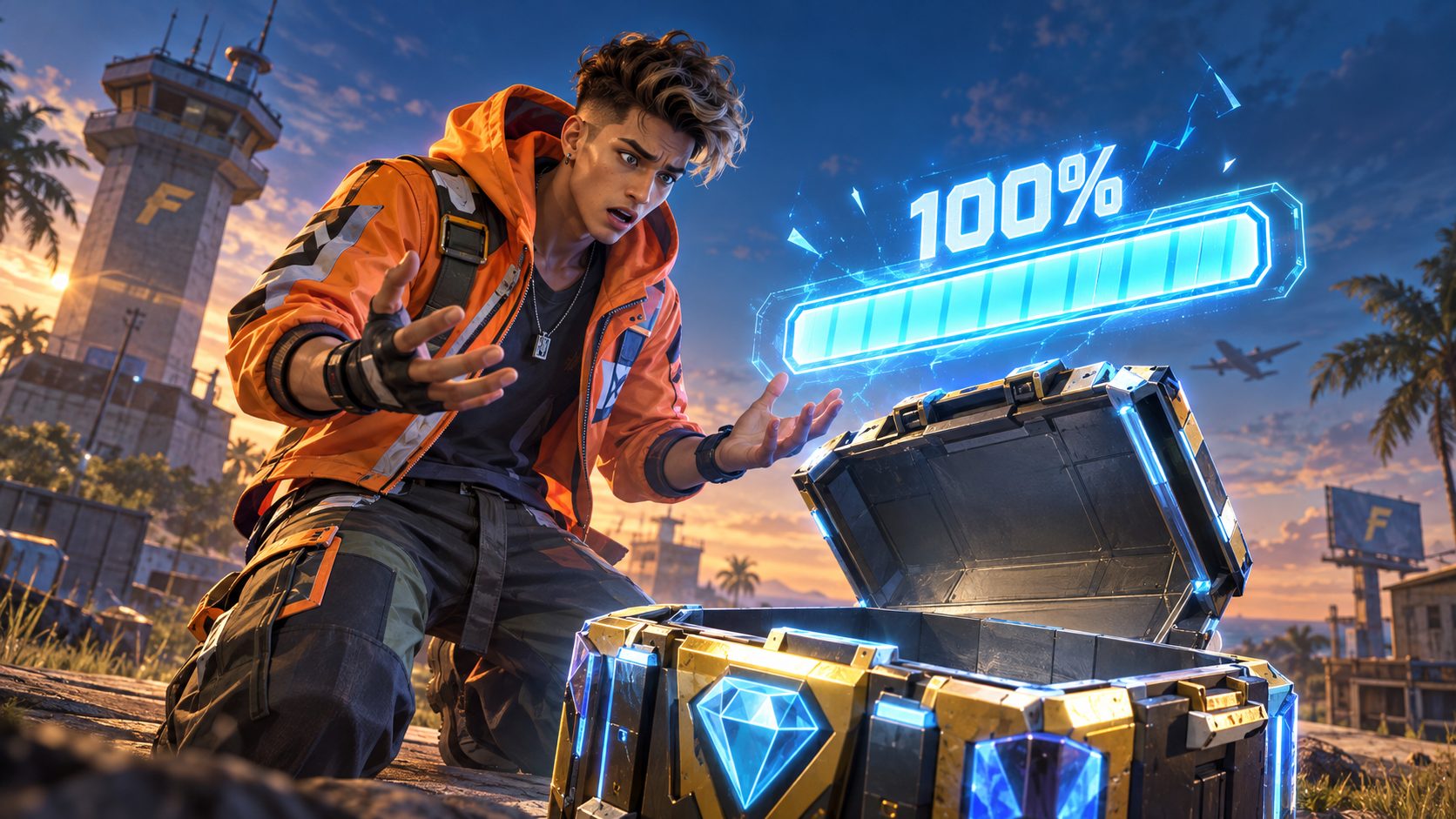 Jugador de Free Fire ante una caja de diamantes vacía y una barra de carga completa