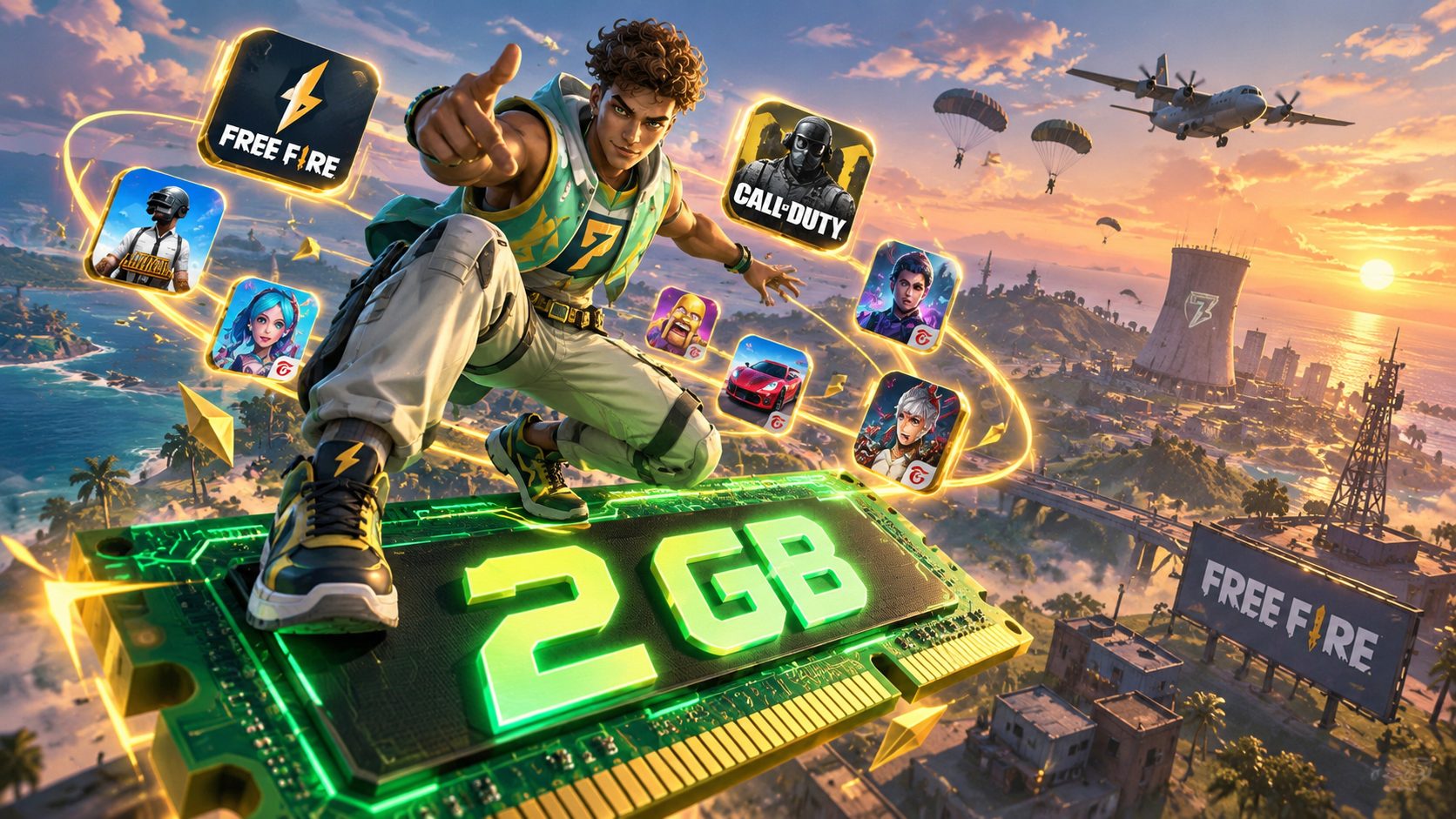 Personaje de Free Fire sobre un chip de memoria RAM gigante de 2 GB