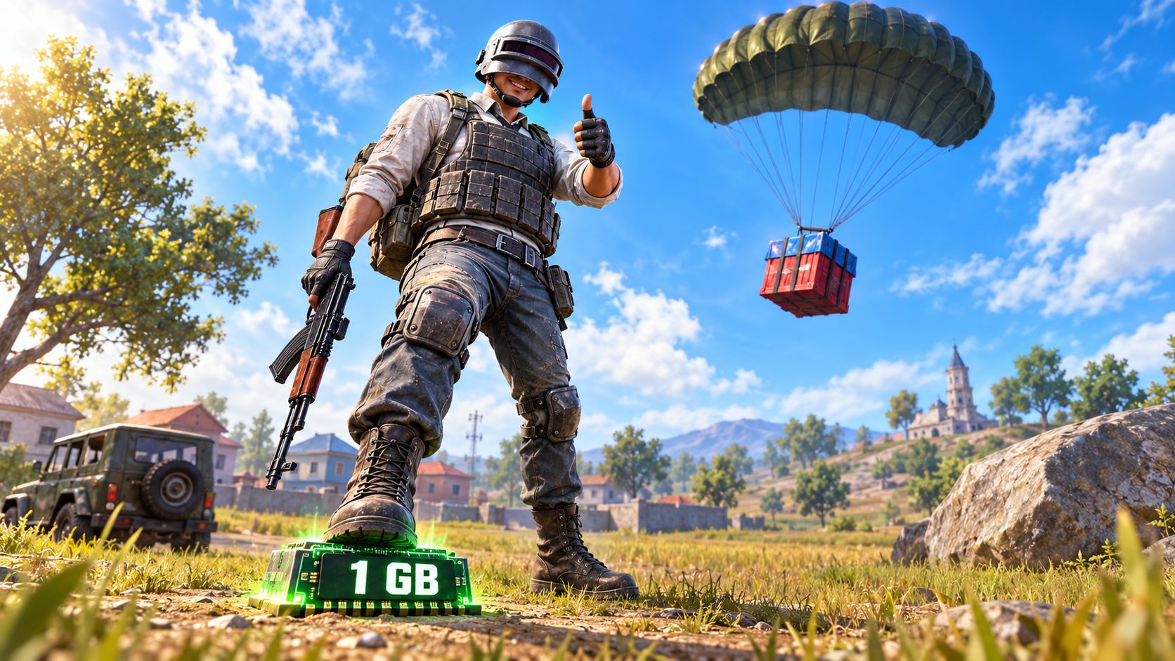 Soldado de PUBG Mobile sobre un chip de memoria de 1 GB en el campo de batalla