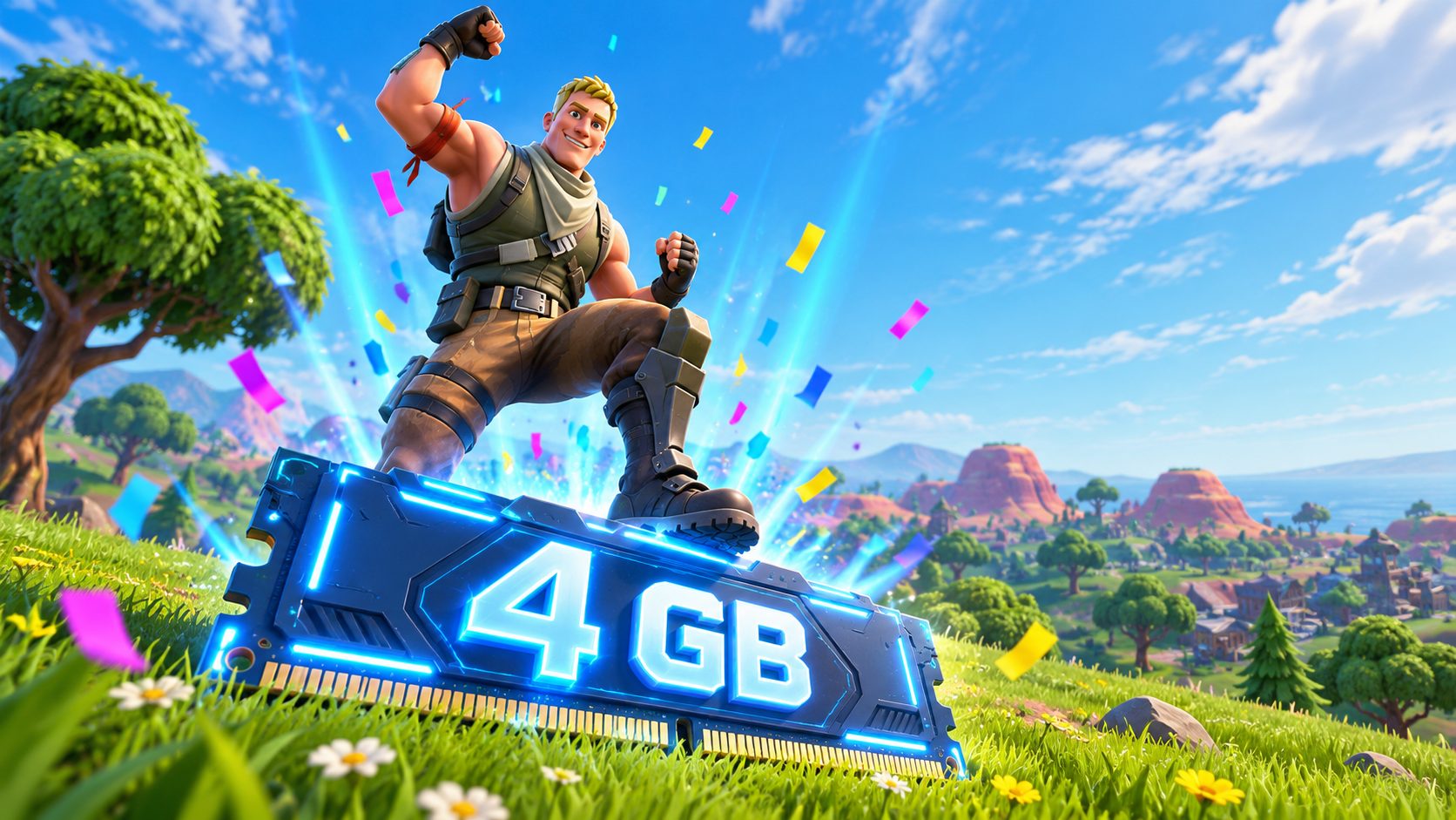 Héroe de battle royale sobre un chip de memoria RAM de 4 GB