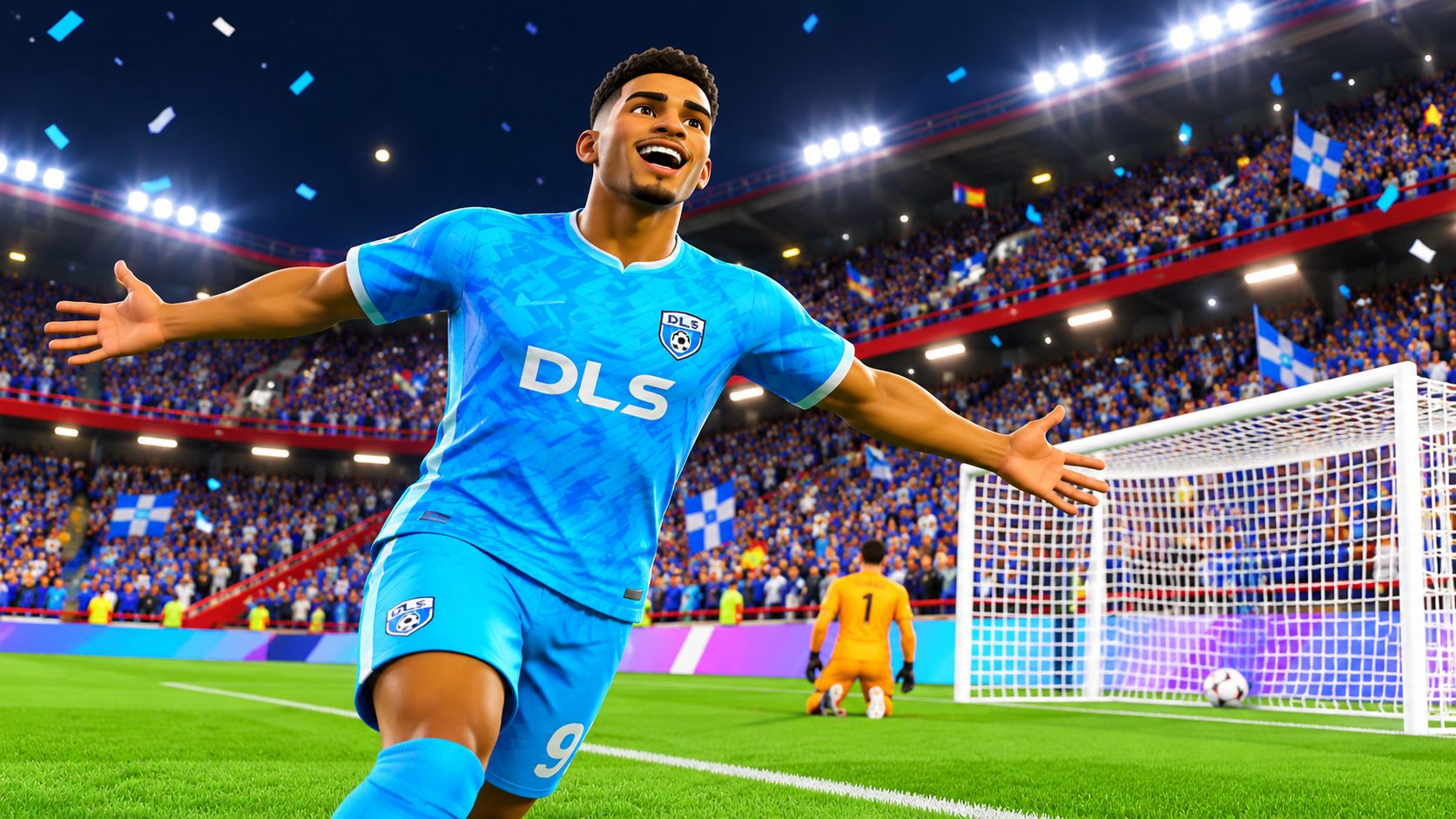 Jugador de Dream League Soccer celebra un gol en un estadio iluminado de noche