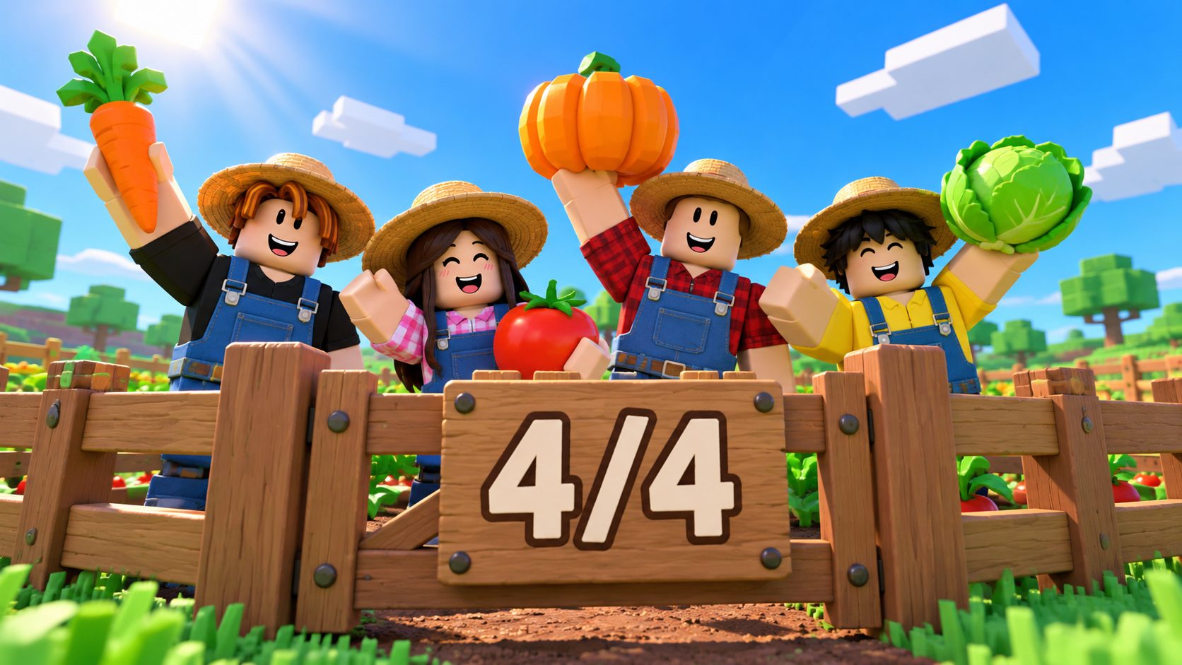 Cuatro avatares de Roblox en un huerto con un cartel que marca 4/4 en la puerta