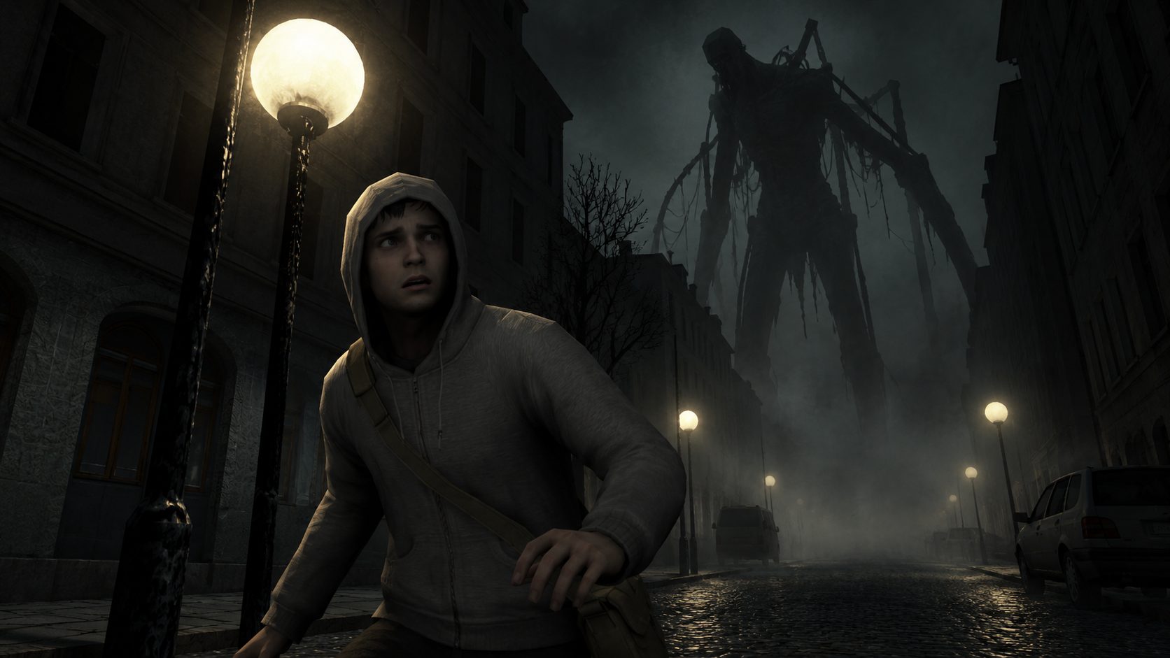 Protagonista de Cry of Fear con sudadera gris bajo una farola mientras una criatura gigante sale de la niebla