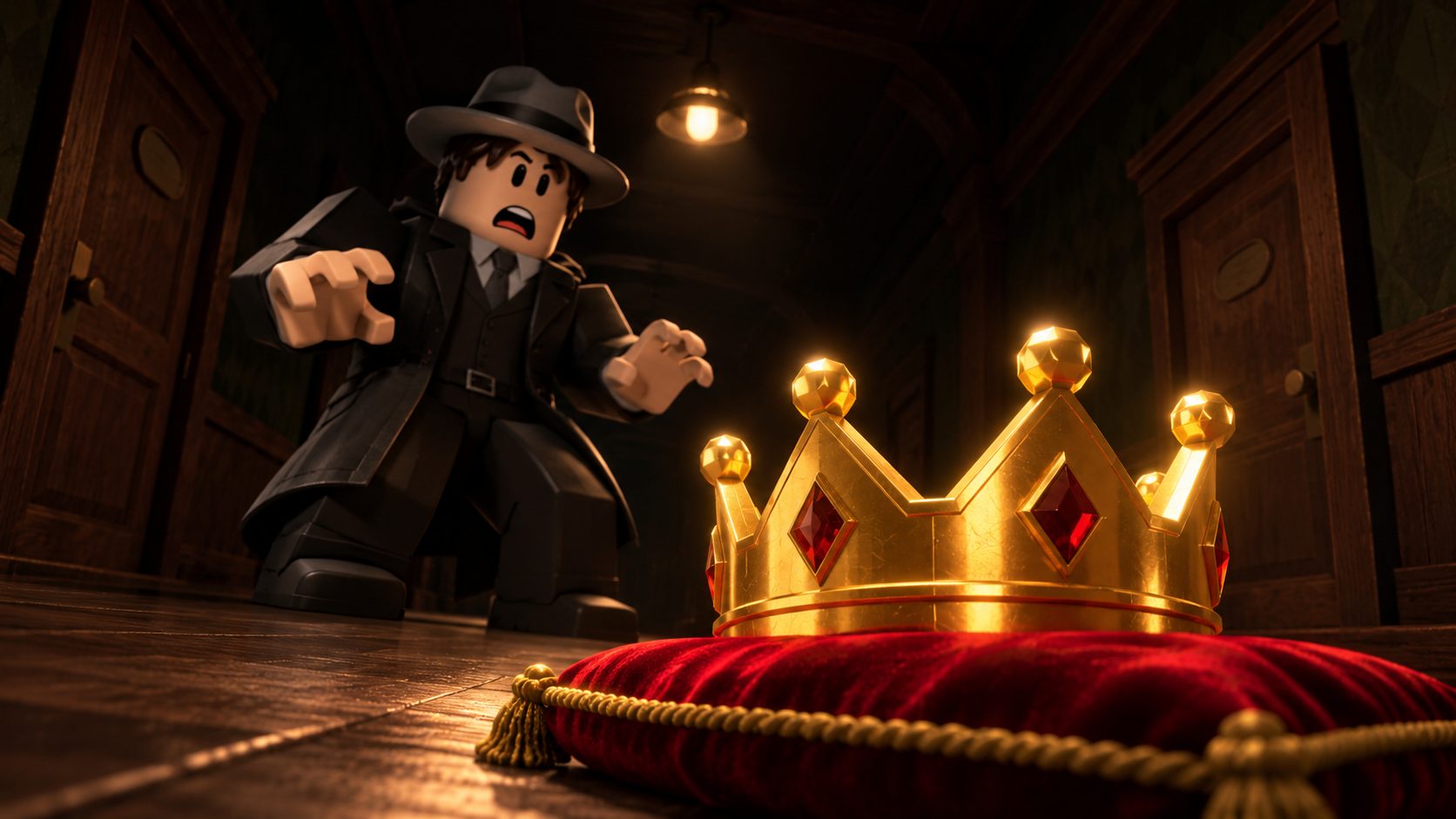 Una corona dorada en el suelo de un pasillo oscuro de puertas en Roblox, con un avatar asustado detrás