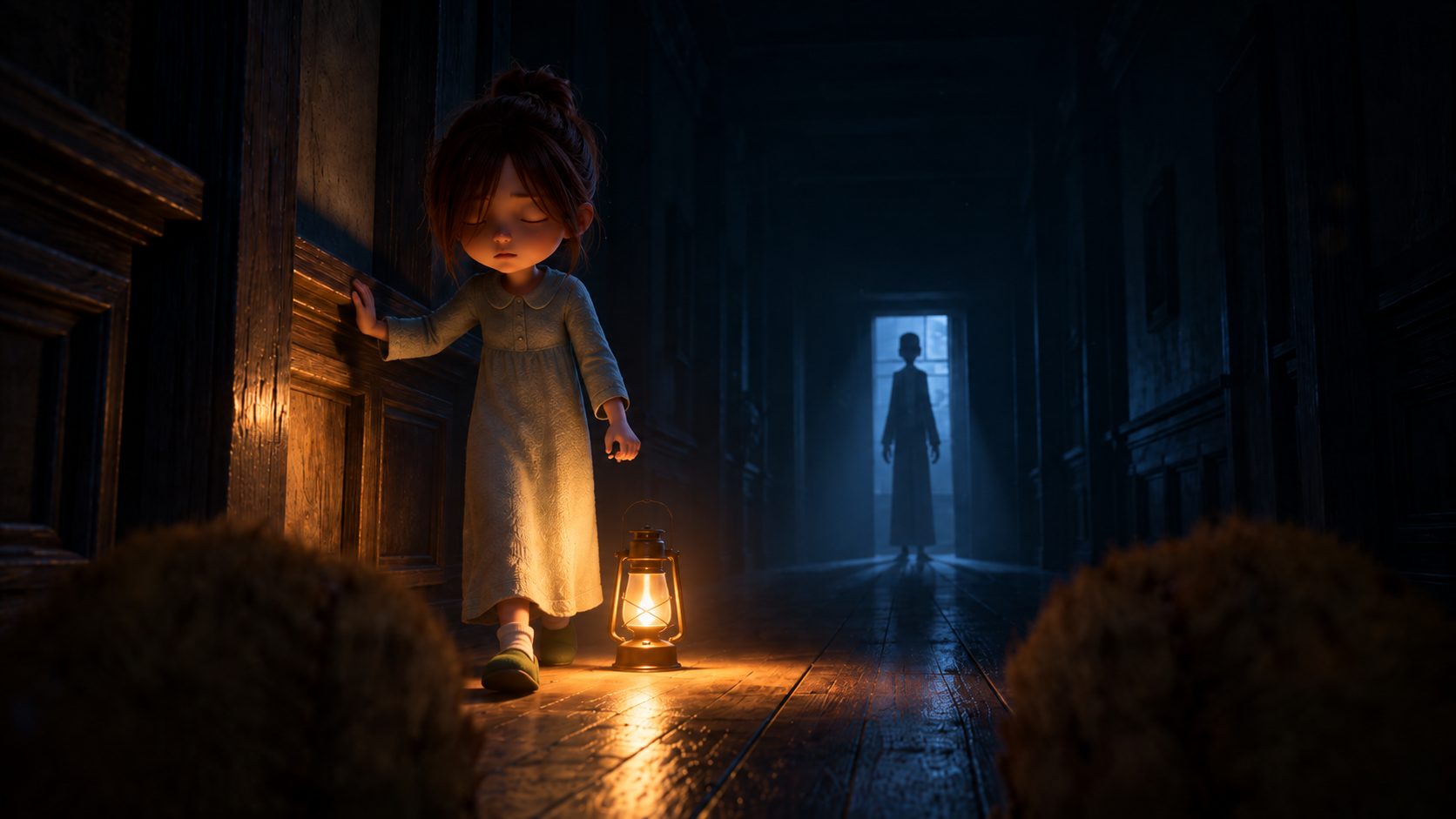 Sophie, la niña ciega de Out of Sight, avanza con los ojos cerrados por un pasillo oscuro visto desde los ojos de su osito