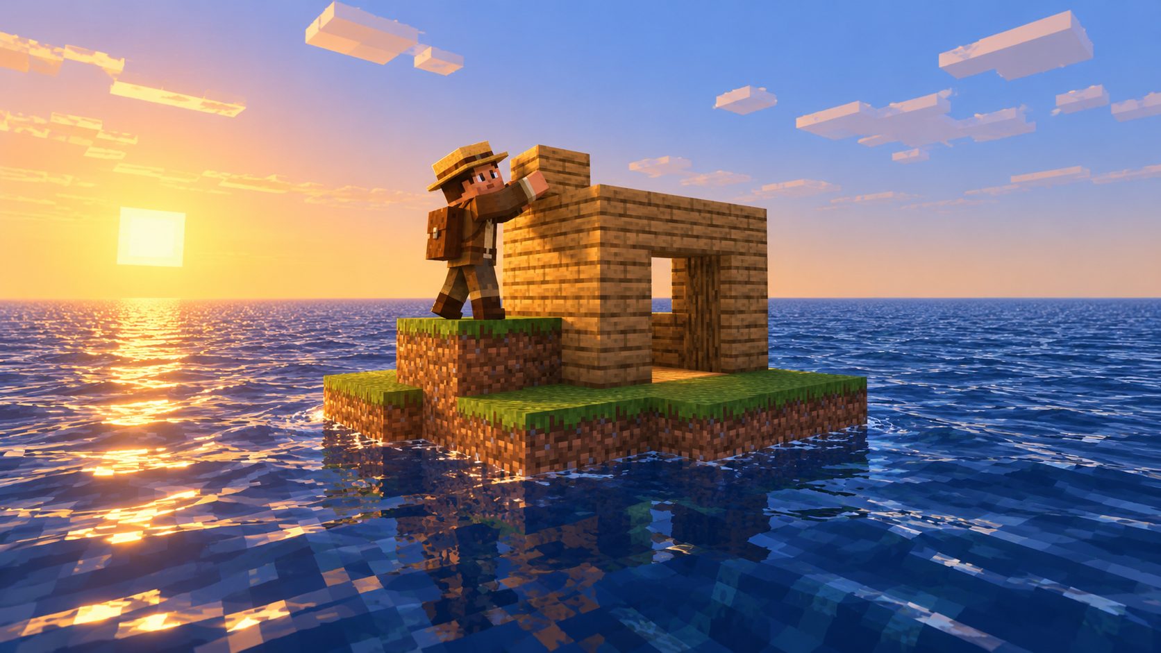 Personaje de Minecraft construyendo una cabaña en una isla diminuta en medio de un océano vacío