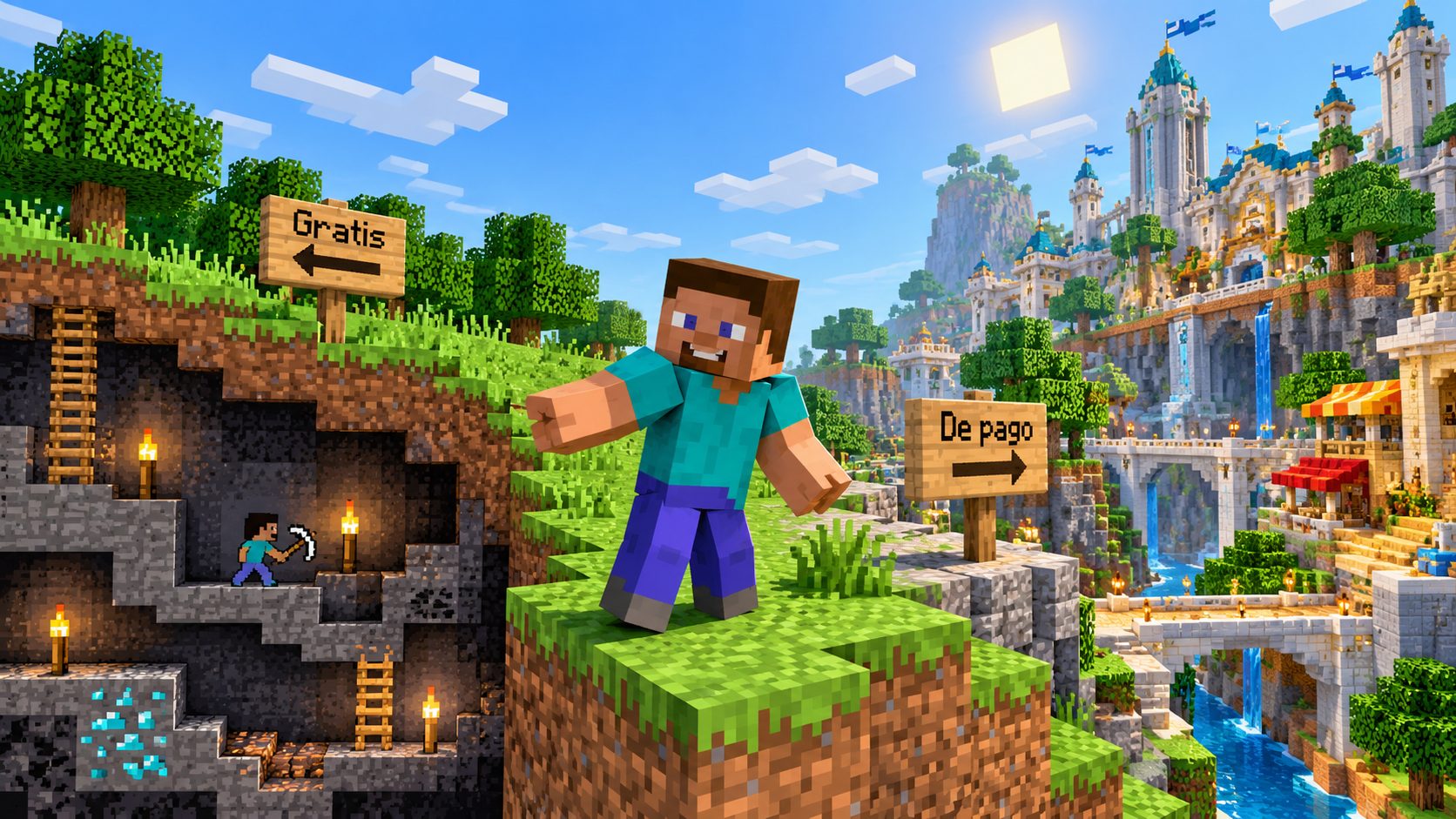 Jugador de Minecraft en el borde de un mundo de bloques que cambia de estilo