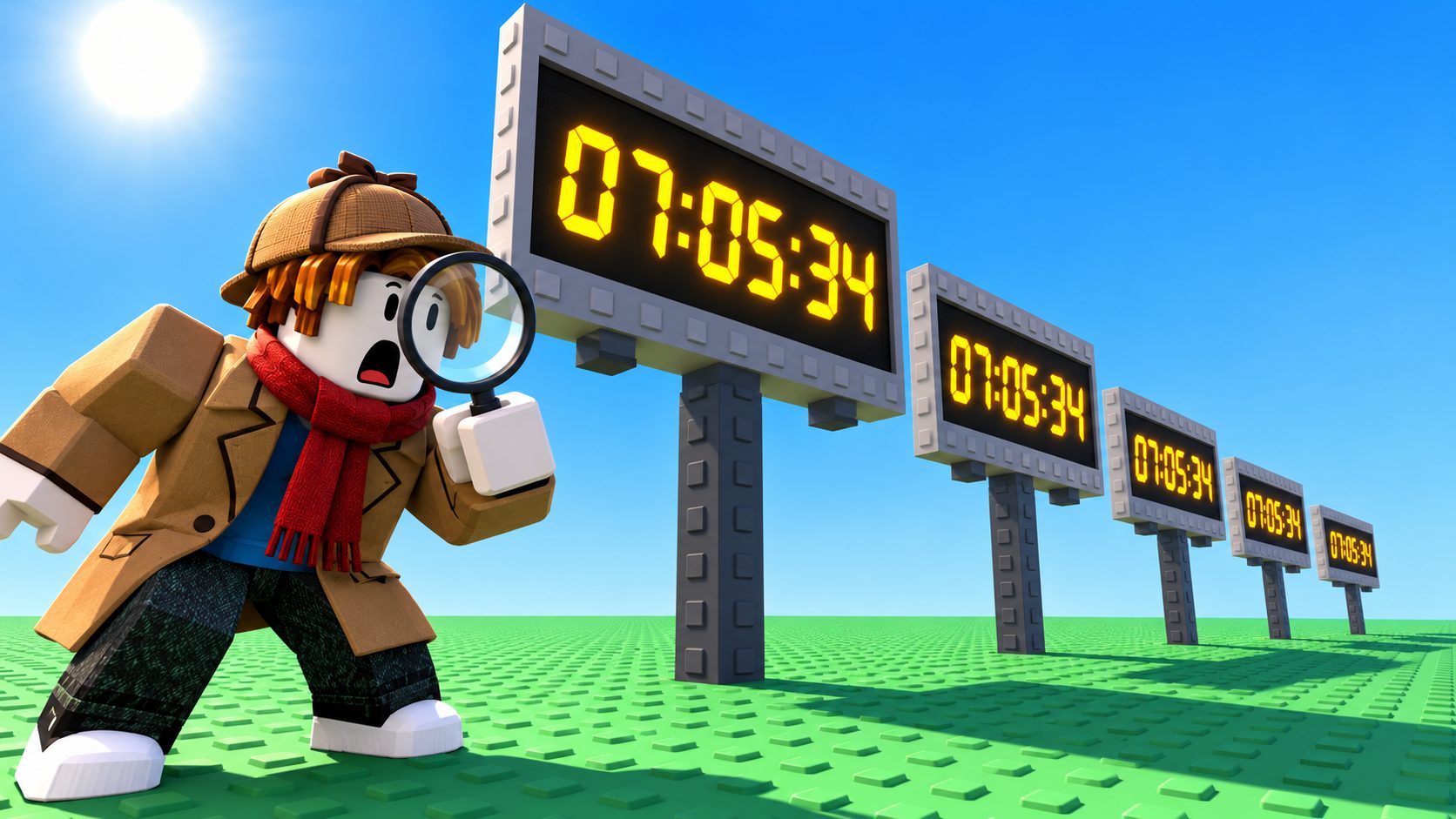 Avatar de Roblox detective ante cinco carteles iguales con la hora 07:05:34, como las cinco webs gemelas de JupyKomplo