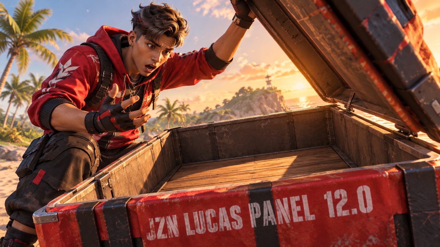 Un superviviente de Free Fire abre una caja de suministros con el rótulo JZN LUCAS PANEL 12.0 y la encuentra vacía