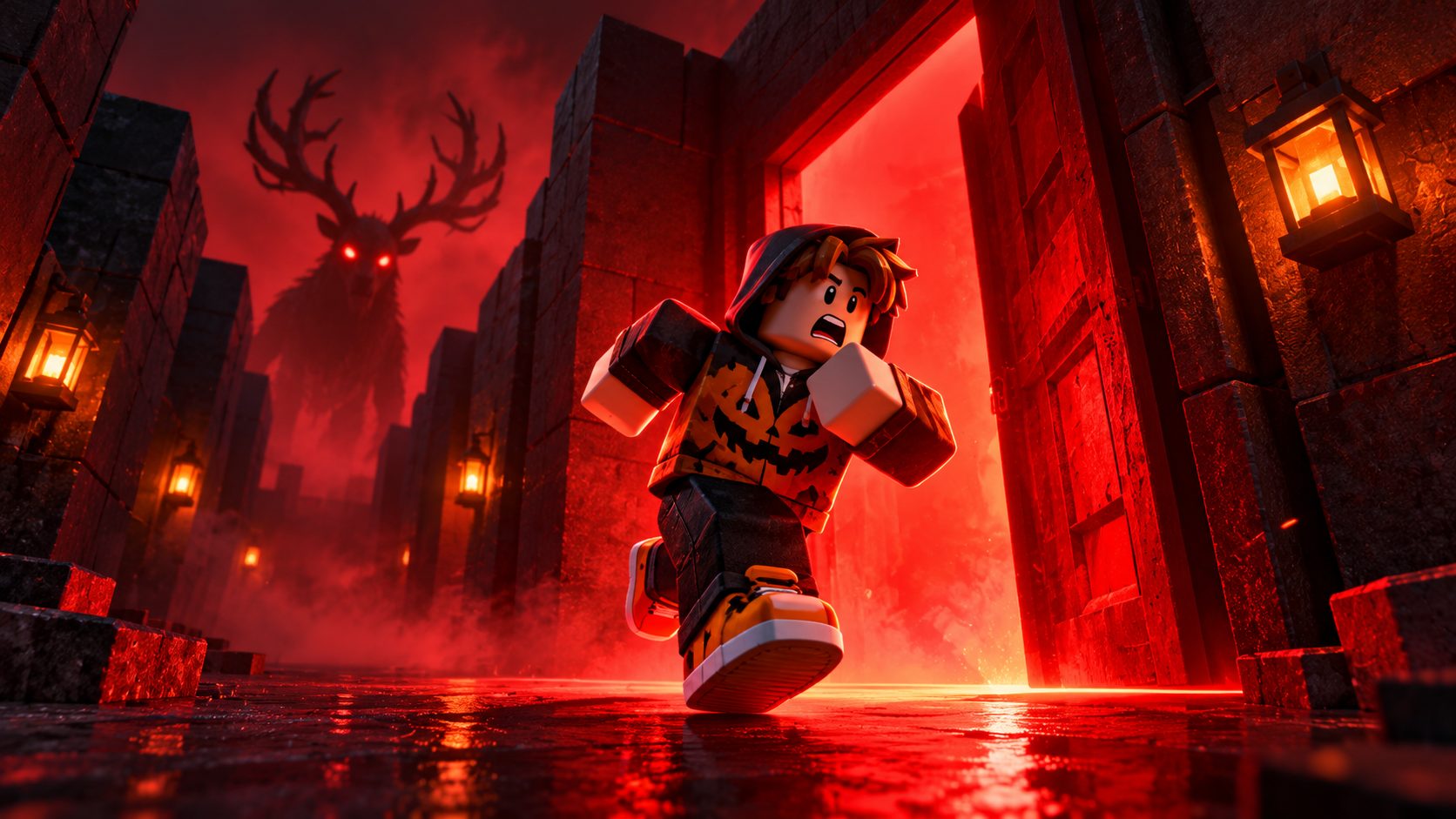 Avatar de Roblox entrando en el laberinto de The Hollow, el evento de Halloween