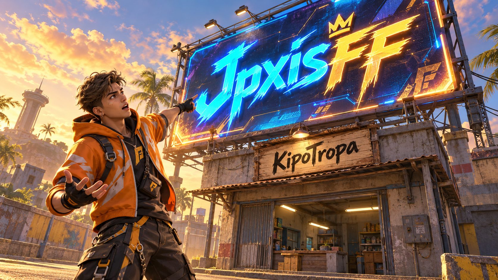 Superviviente de Free Fire señala un enorme cartel de JpxisFF encima de la tienda de KipoTropa
