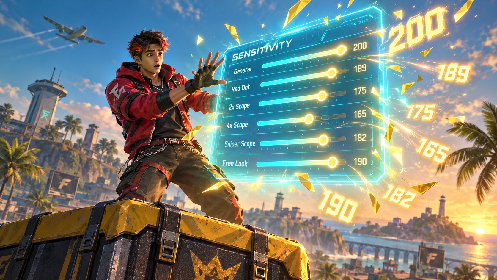 Superviviente de Free Fire ante un enorme panel holográfico de sensibilidad