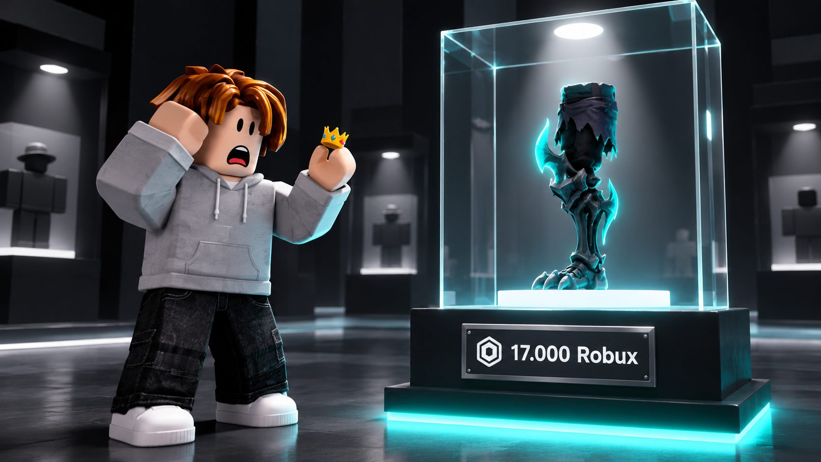 Pierna Korblox Deathspeaker de Roblox en una vitrina con el precio de 17.000 Robux junto a un avatar con una corona gratis