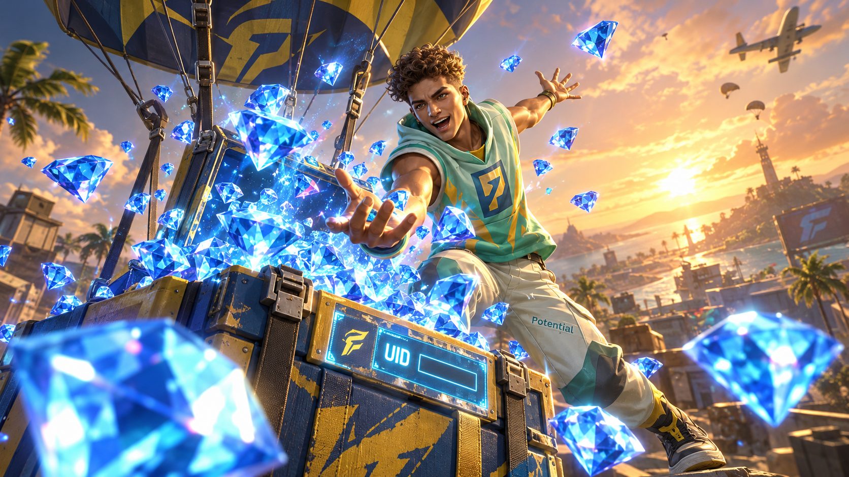 Personaje de Free Fire bajo una lluvia de diamantes que cae de un suministro aéreo