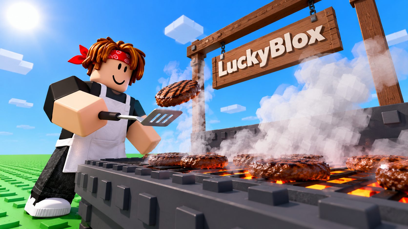 Avatar de Roblox con delantal de cocinero haciendo hamburguesas en una barbacoa bajo un cartel de LuckyBlox