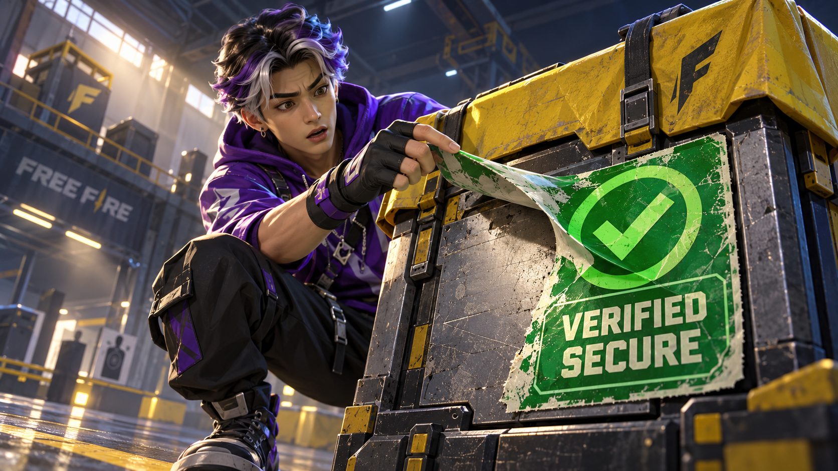Superviviente de Free Fire despega un adhesivo verde de «Verified Secure» de una caja de suministros y debajo solo hay metal