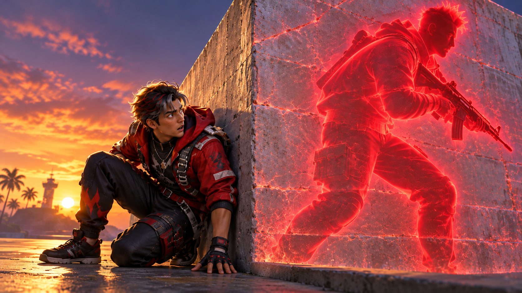 Jugador de Free Fire ve la silueta roja de un enemigo a través de una pared