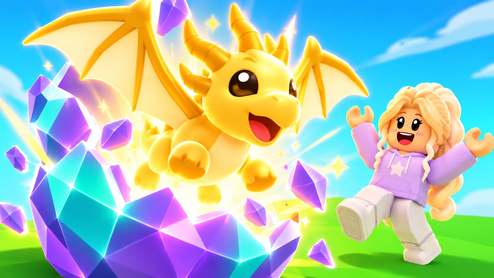 Una mascota legendaria de Adopt Me sale de un huevo de gemas brillante ante un avatar de Roblox sorprendido
