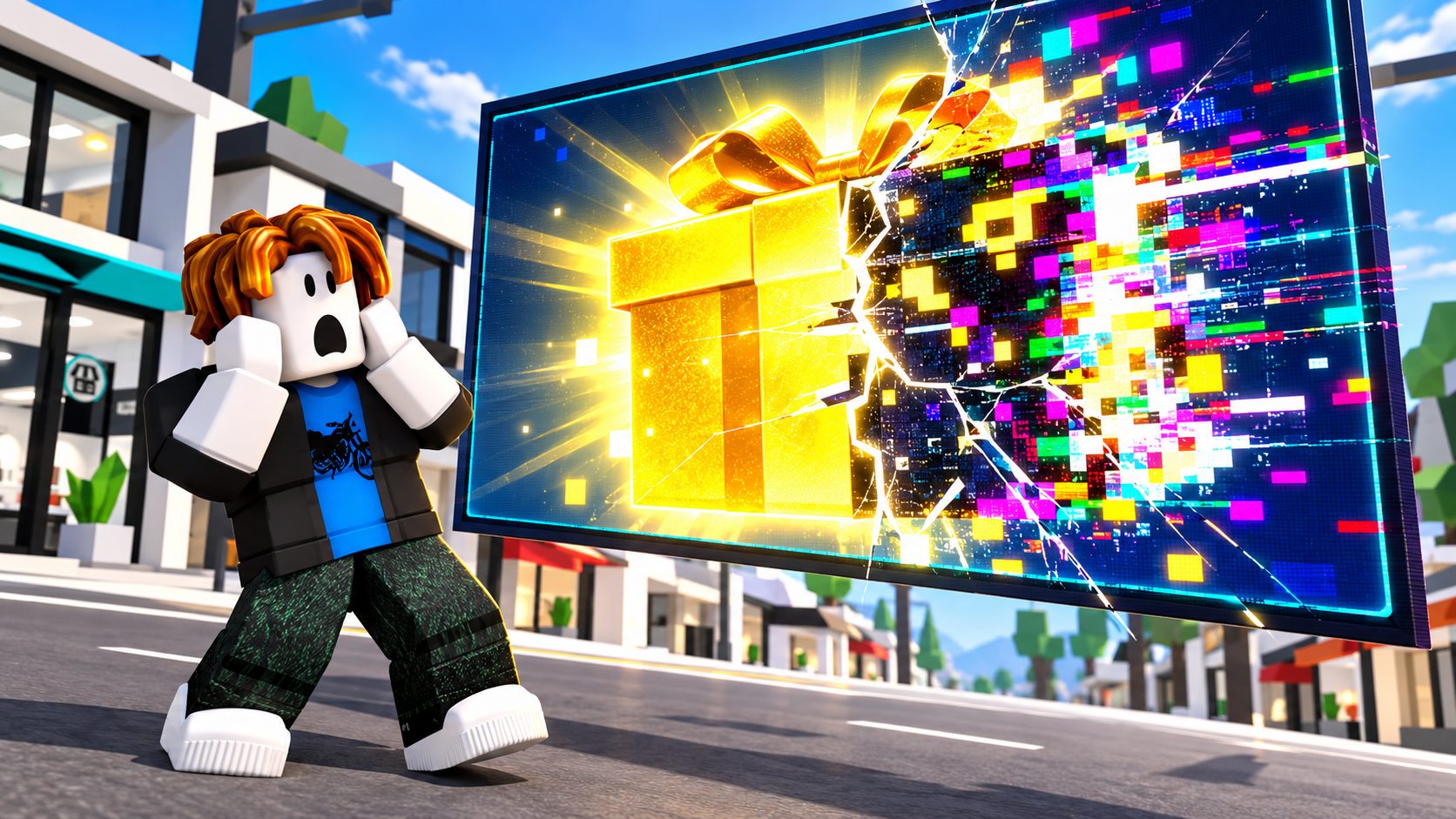 Avatar de Roblox sorprendido ante una pantalla gigante con un vídeo filtrado de un evento