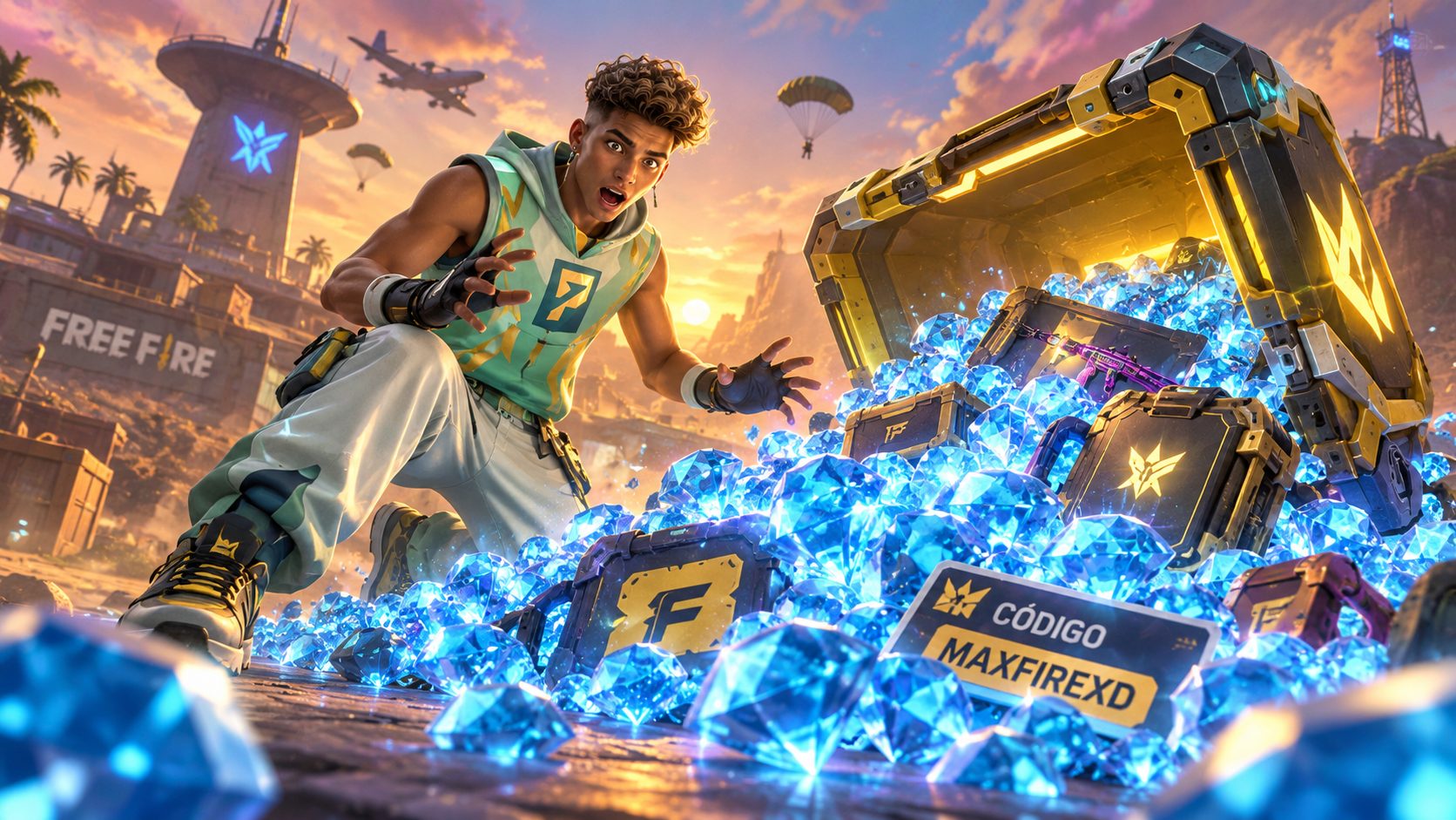 Personaje de Free Fire sorprendido ante un montón de diamantes y una incubadora abierta