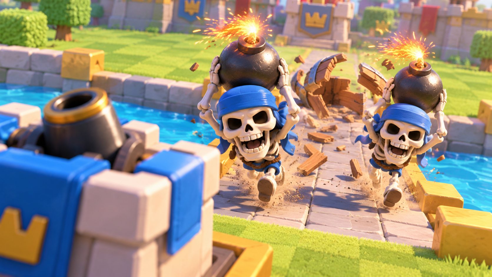 Los Rompemuros de Clash Royale cruzan el puente con las bombas encendidas hacia una torre de princesa mientras un Barril de bárbaro roto queda atrás
