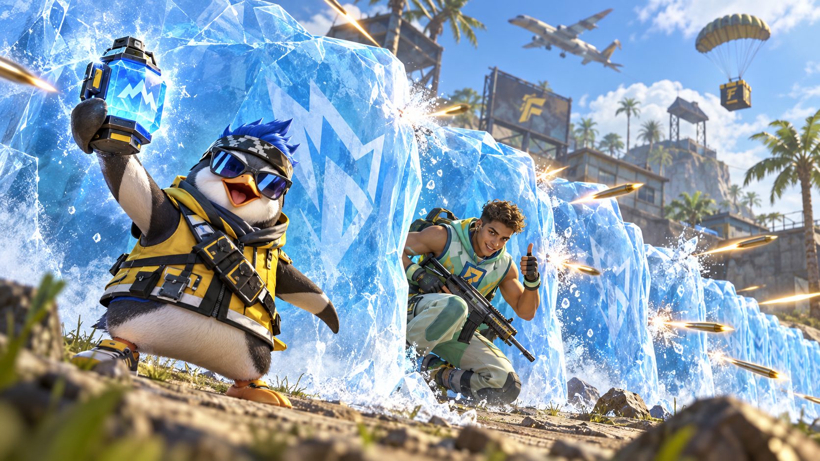 Mascota pingüino de Free Fire con una granada gloo y paredes gloo detrás