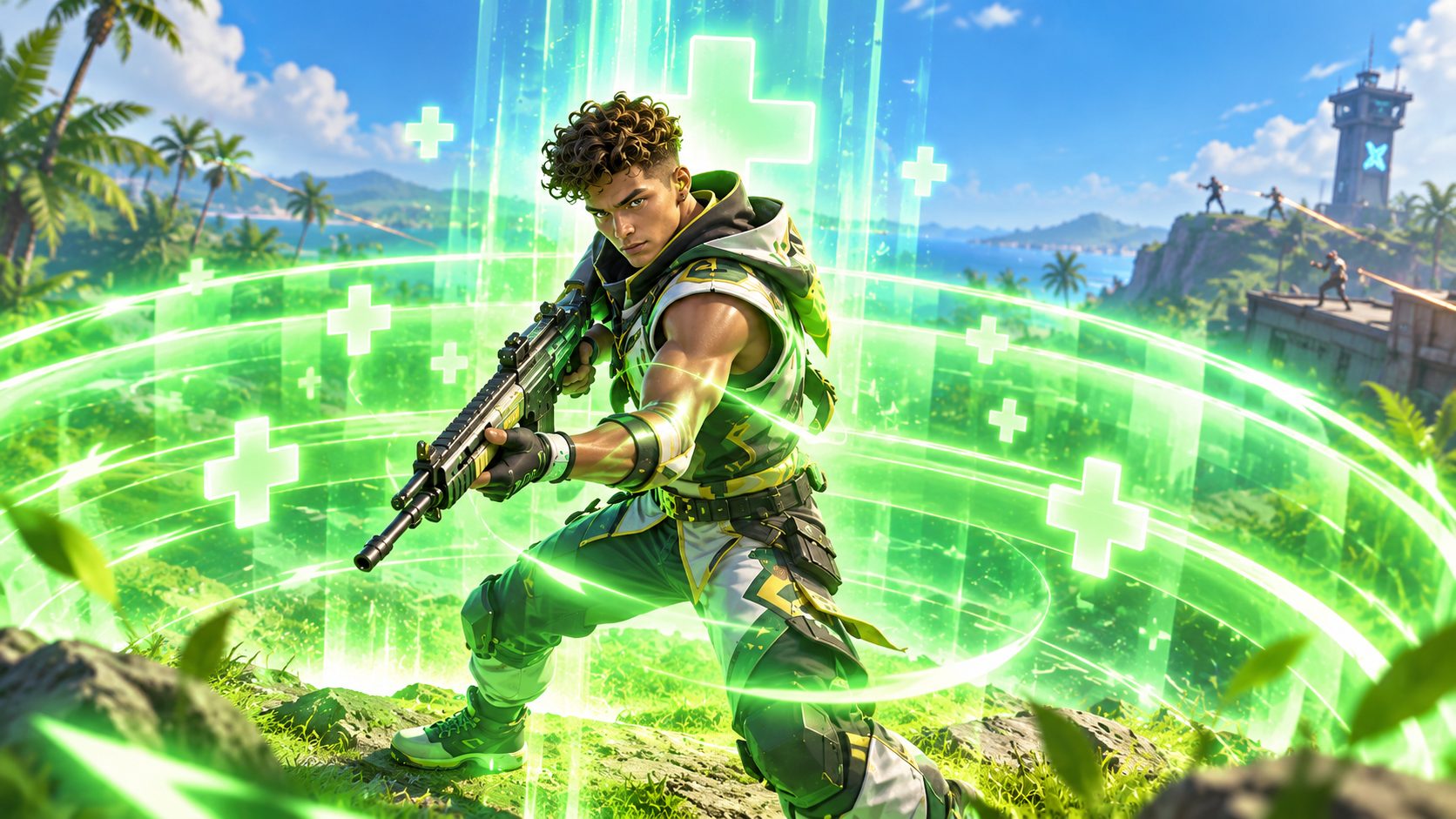 Jugador solitario de Free Fire rodeado de un aura curativa gigante